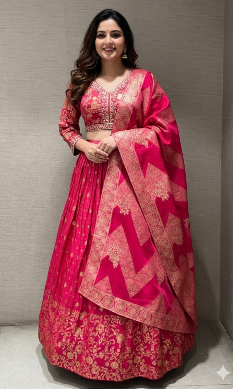 Pink zari floral embroidered lehenga choli