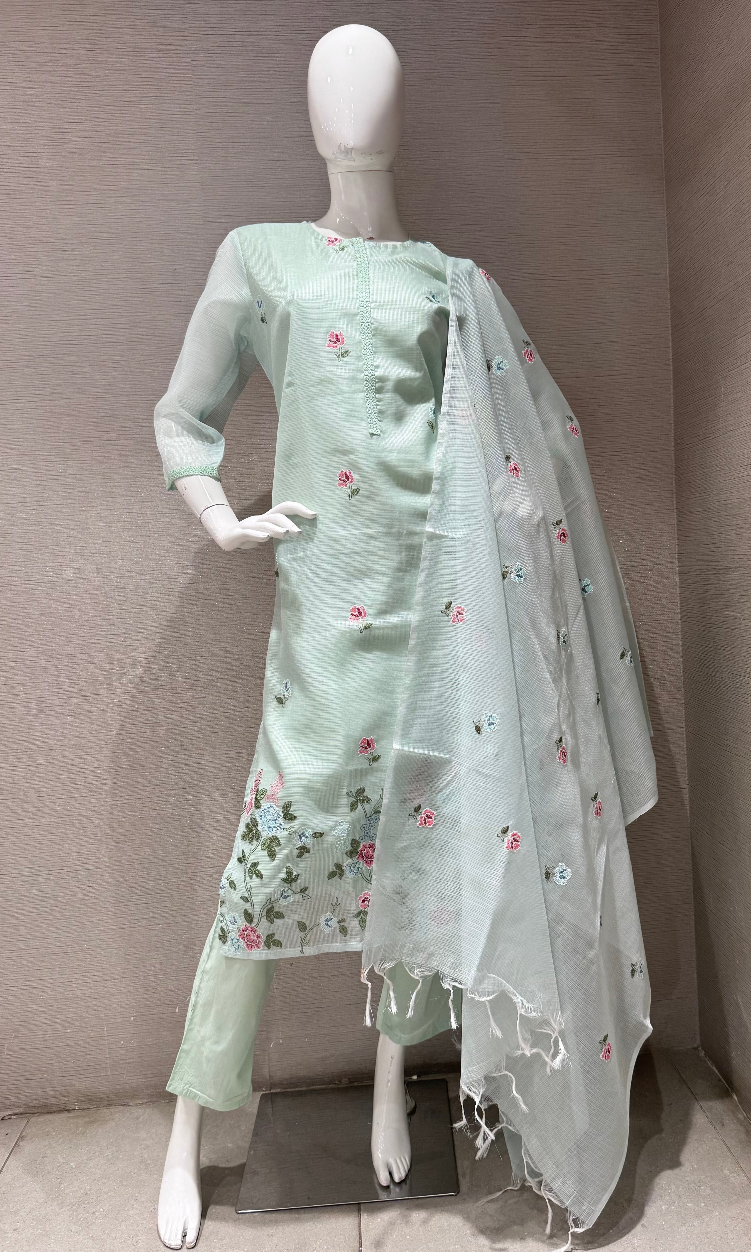 Mint Green Floral Kurta Set with Sheer Dupatta