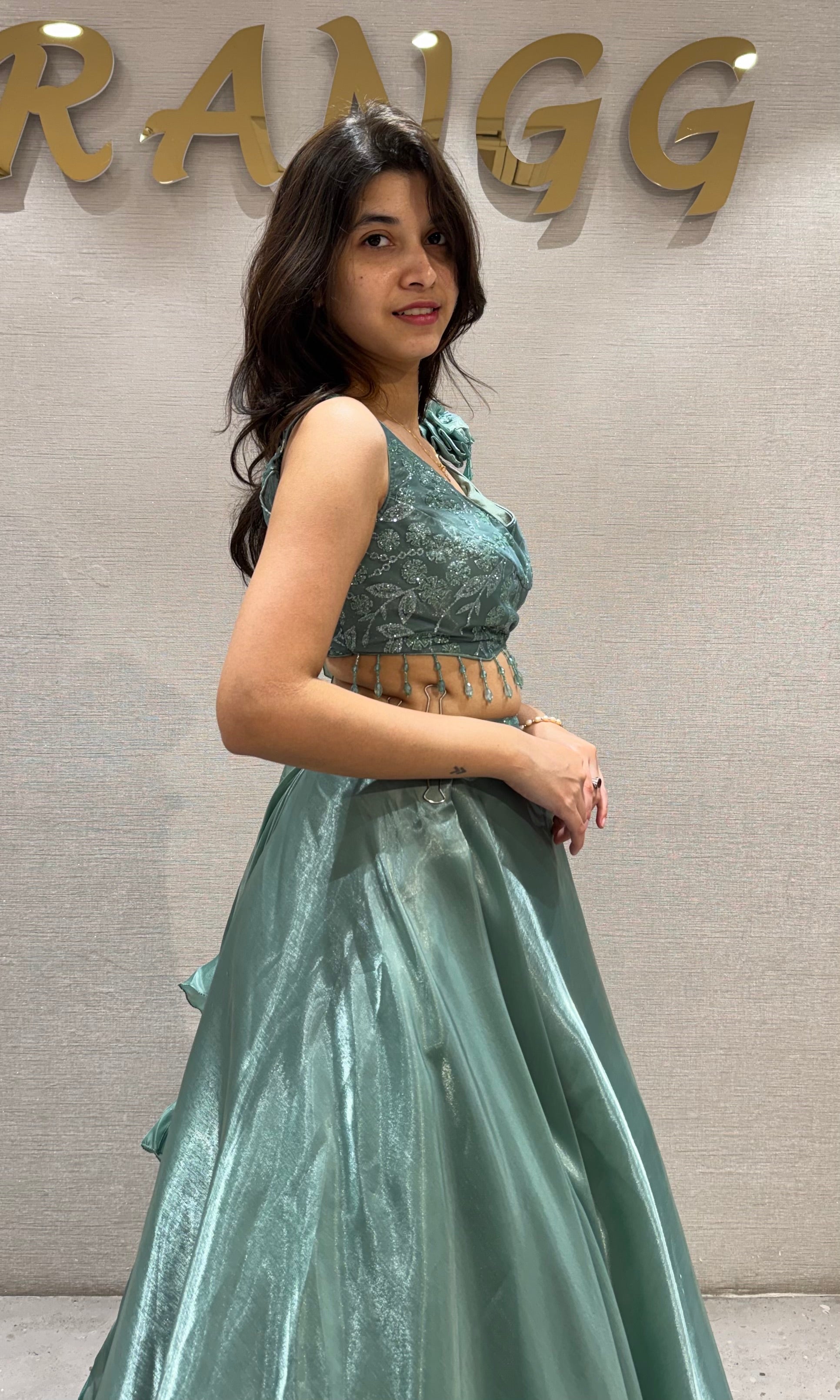 Sea Green Shimmering Organza Lehenga Set