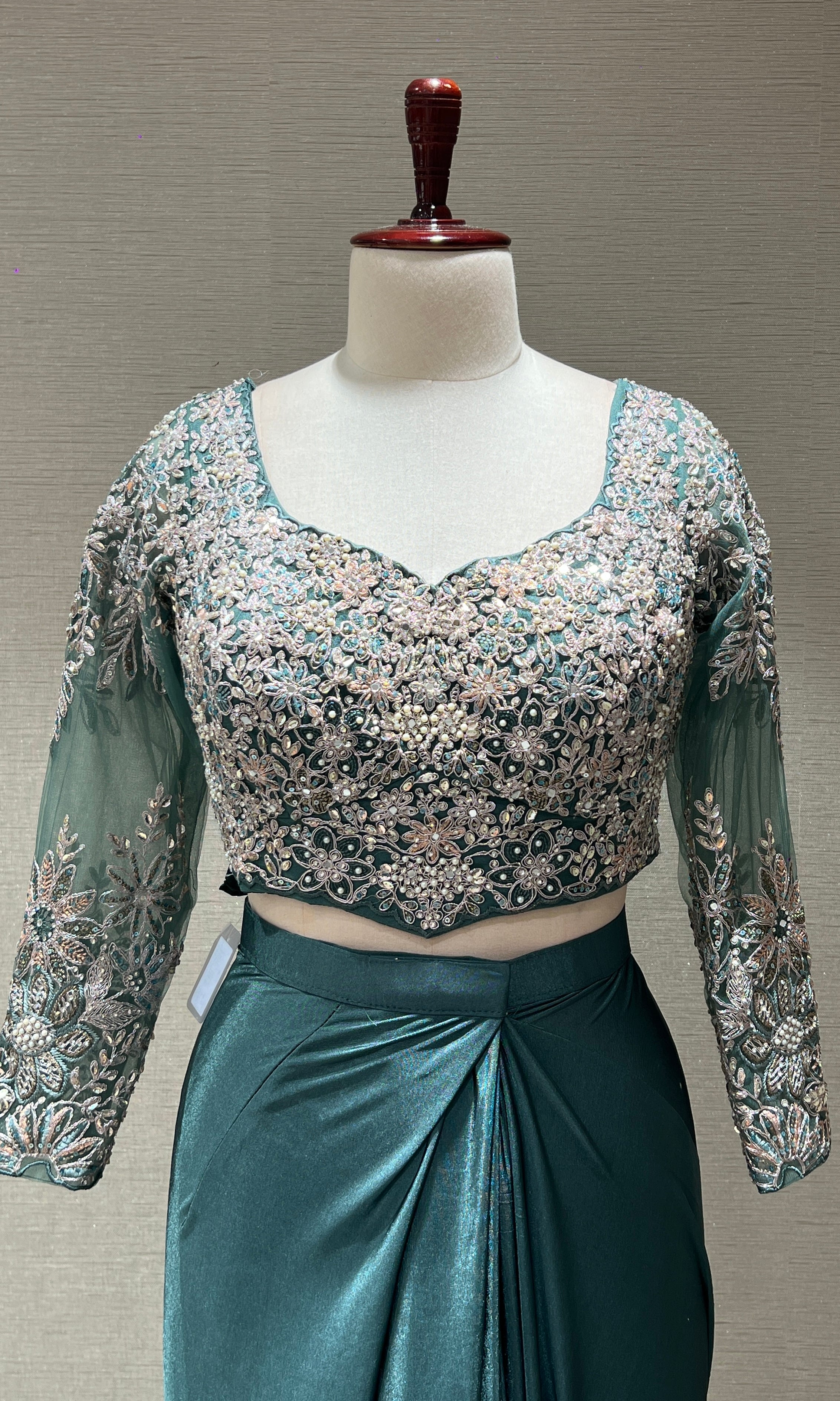 SEA GREEN DRAPE SAREE WITH FLORAL BLOUSE & BELT