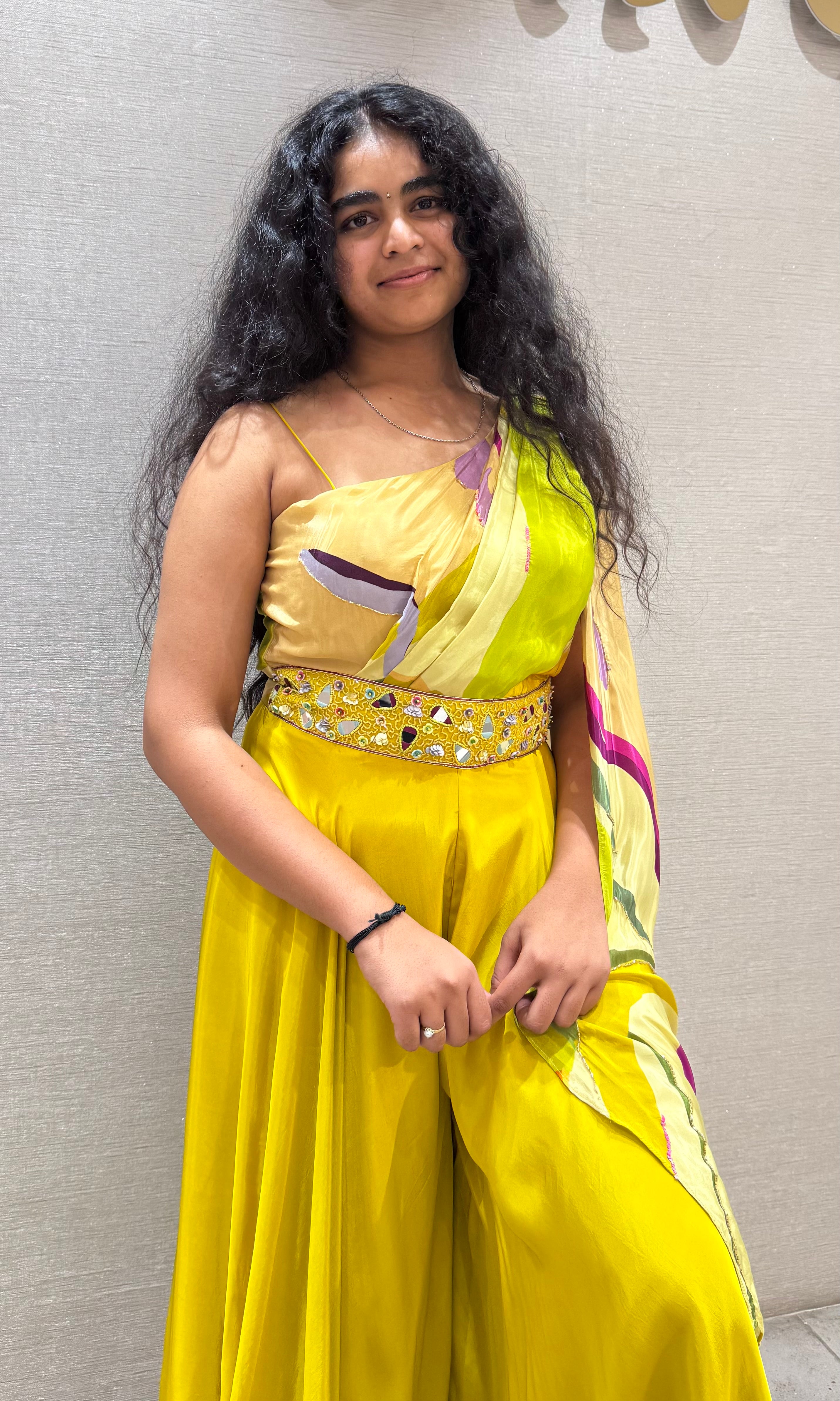 Lemon Green Draped Gown with Belt