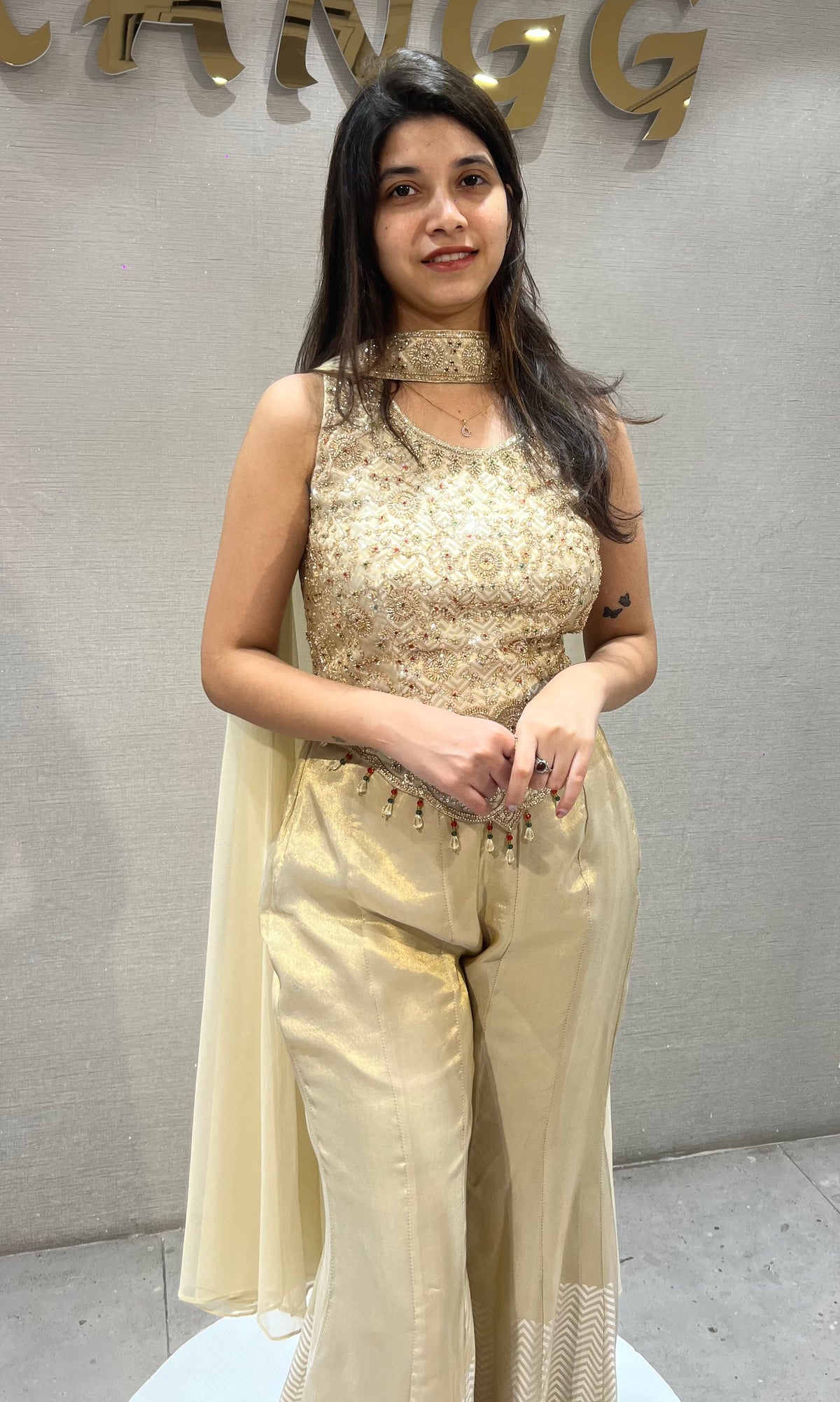 Cream Shimmer Tissue Short Blouse Palazzo Set
