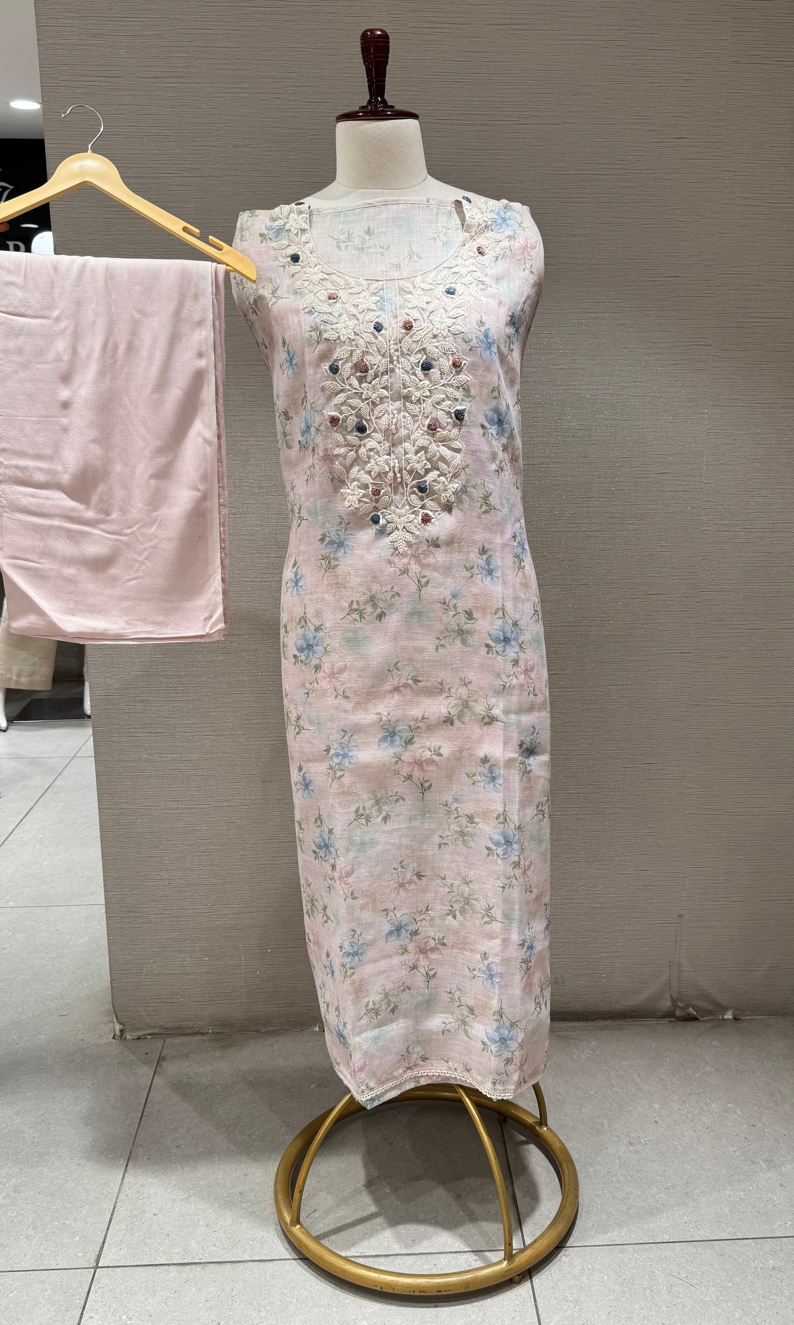 pink floral printed Chikankari Dress material