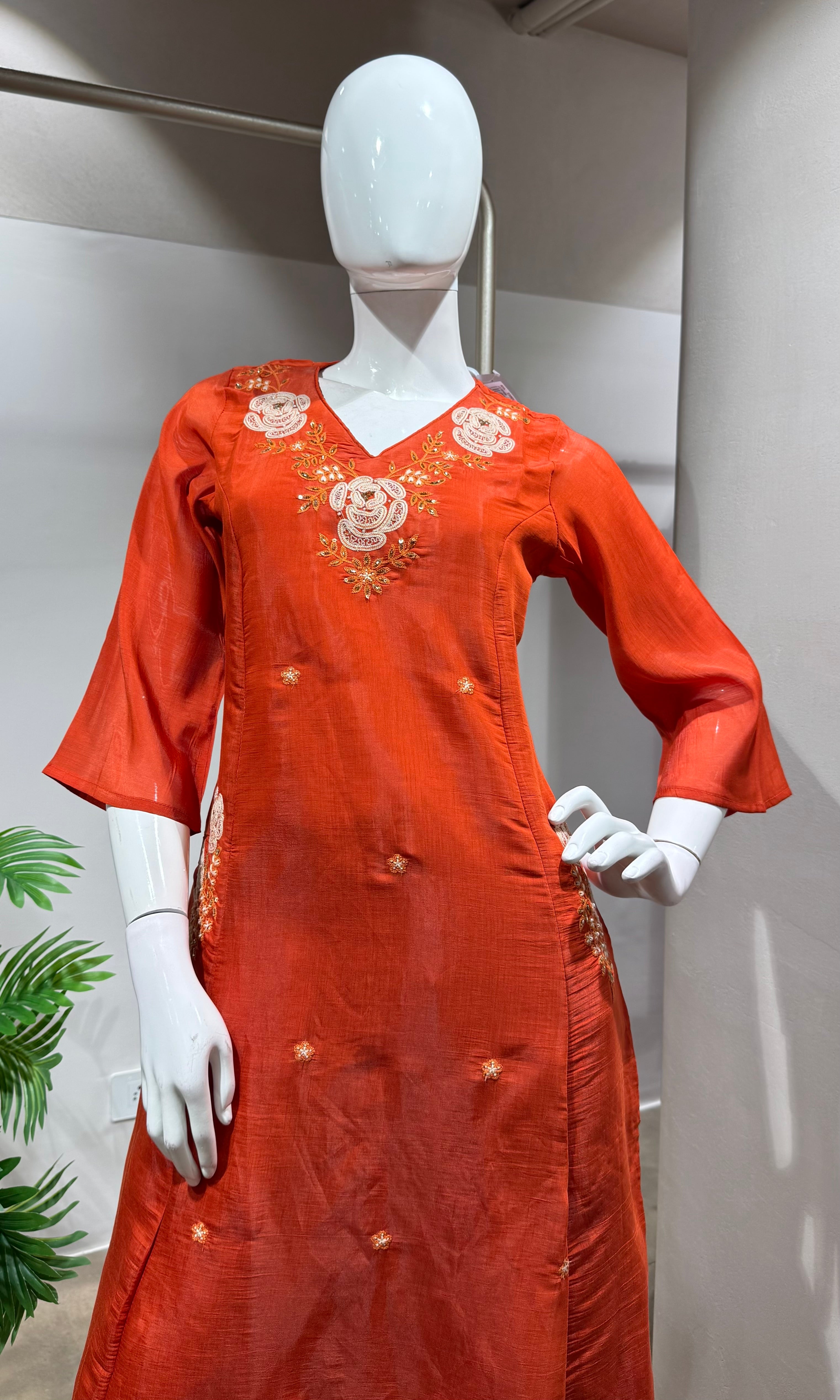 rust orange floral embroidered kurta set