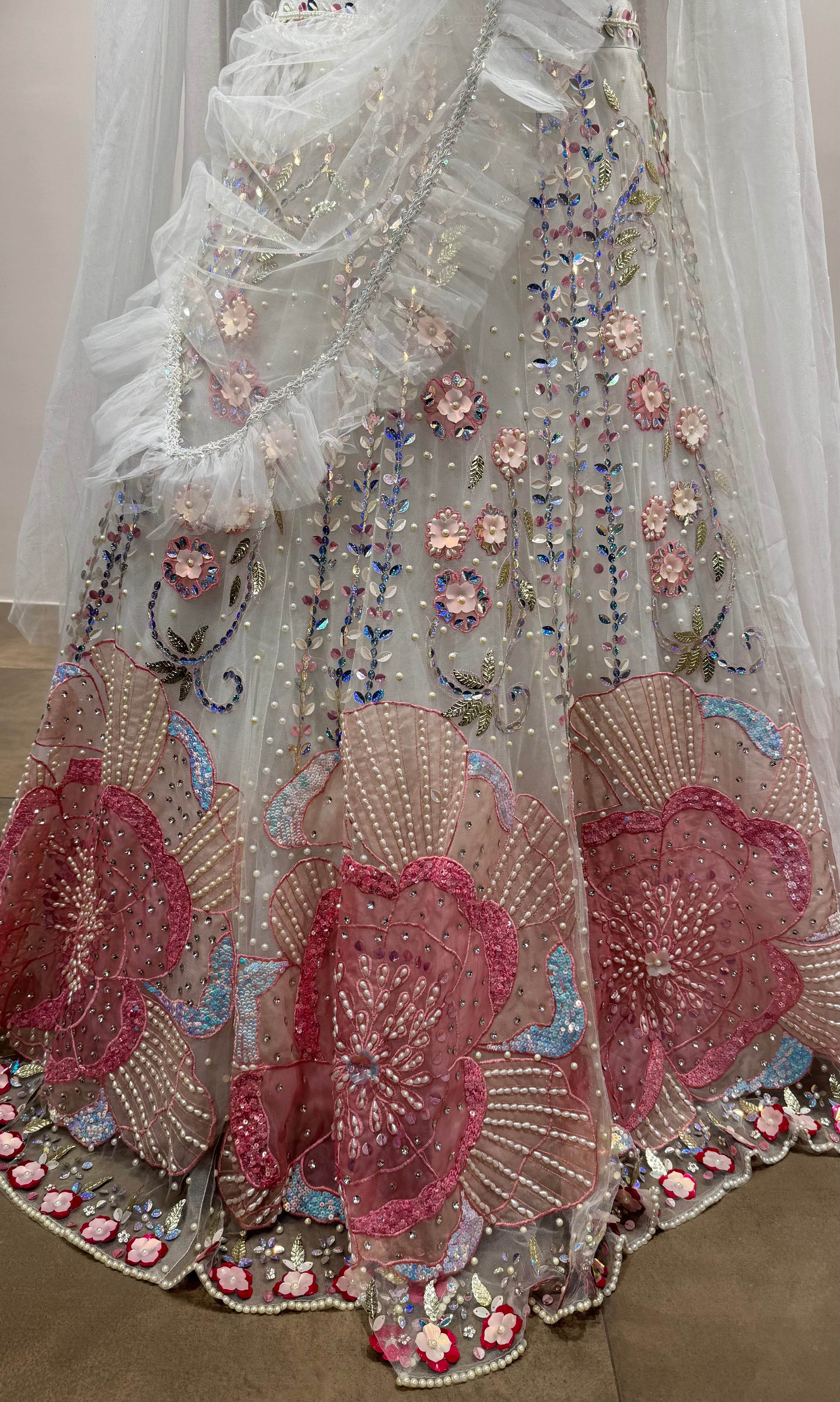 White Organza Lehenga with Pink Threadwork