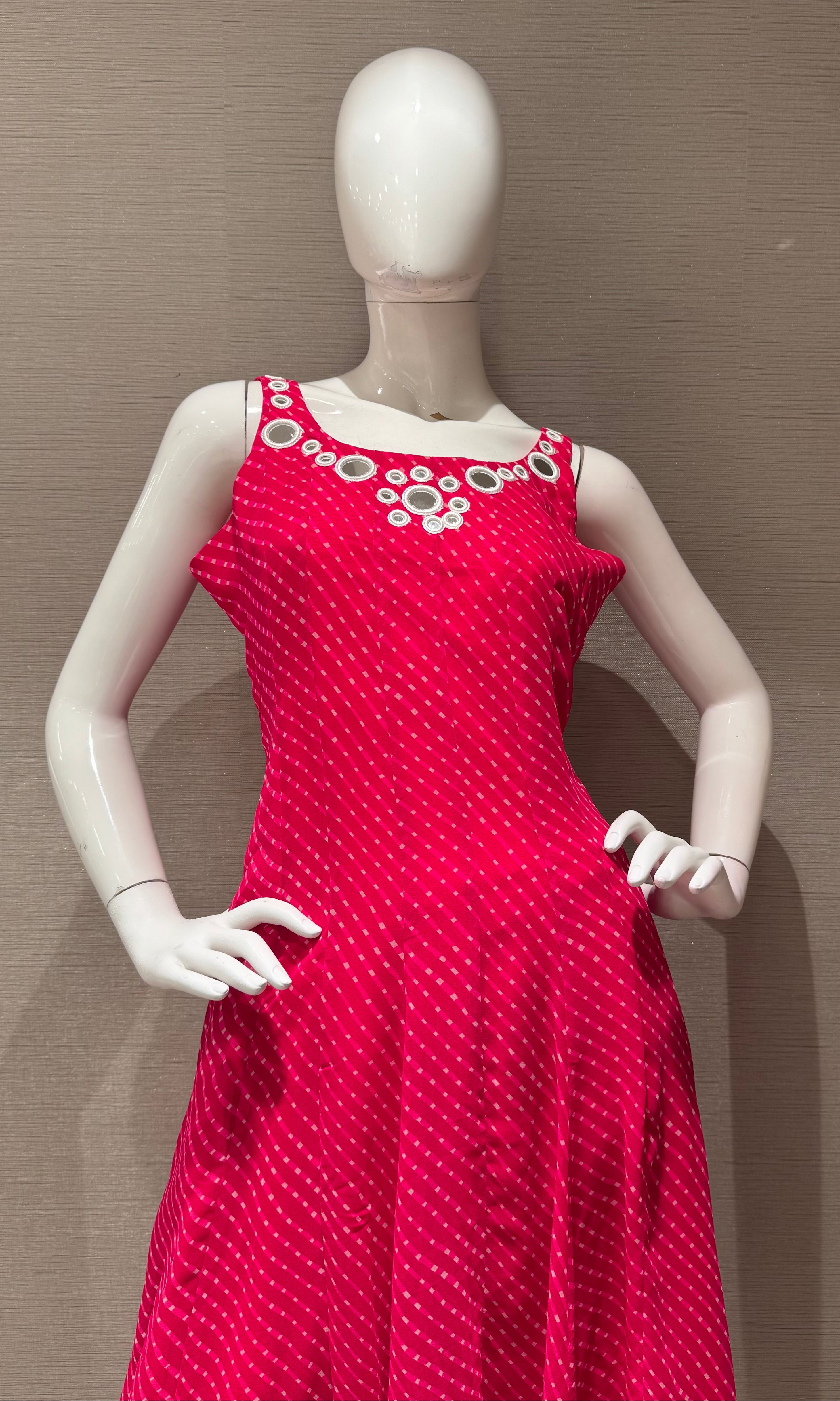 PINK bandhani print and intricate mirror anarkali set