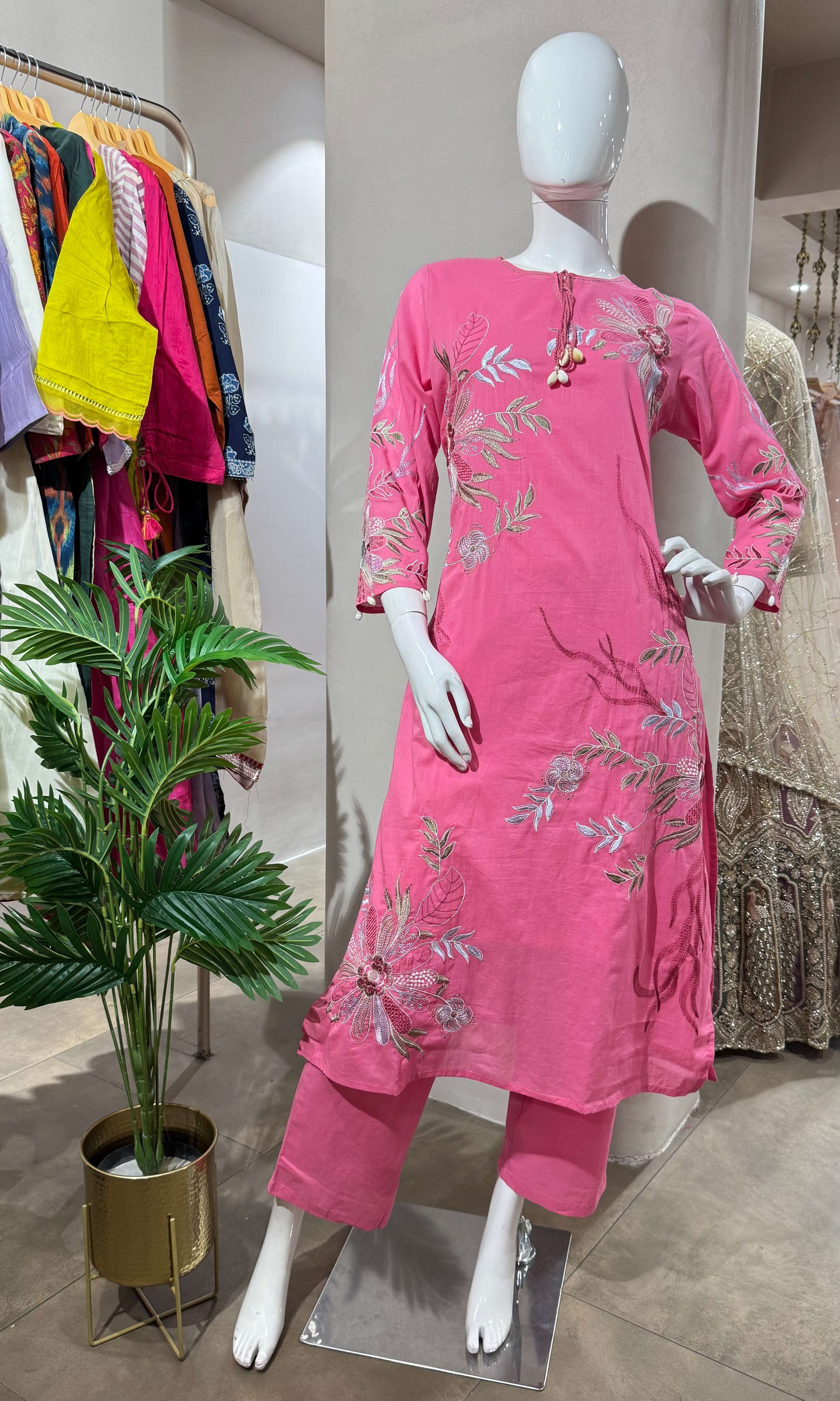 PINK FLORAL EMBROIDERED KURTA SET