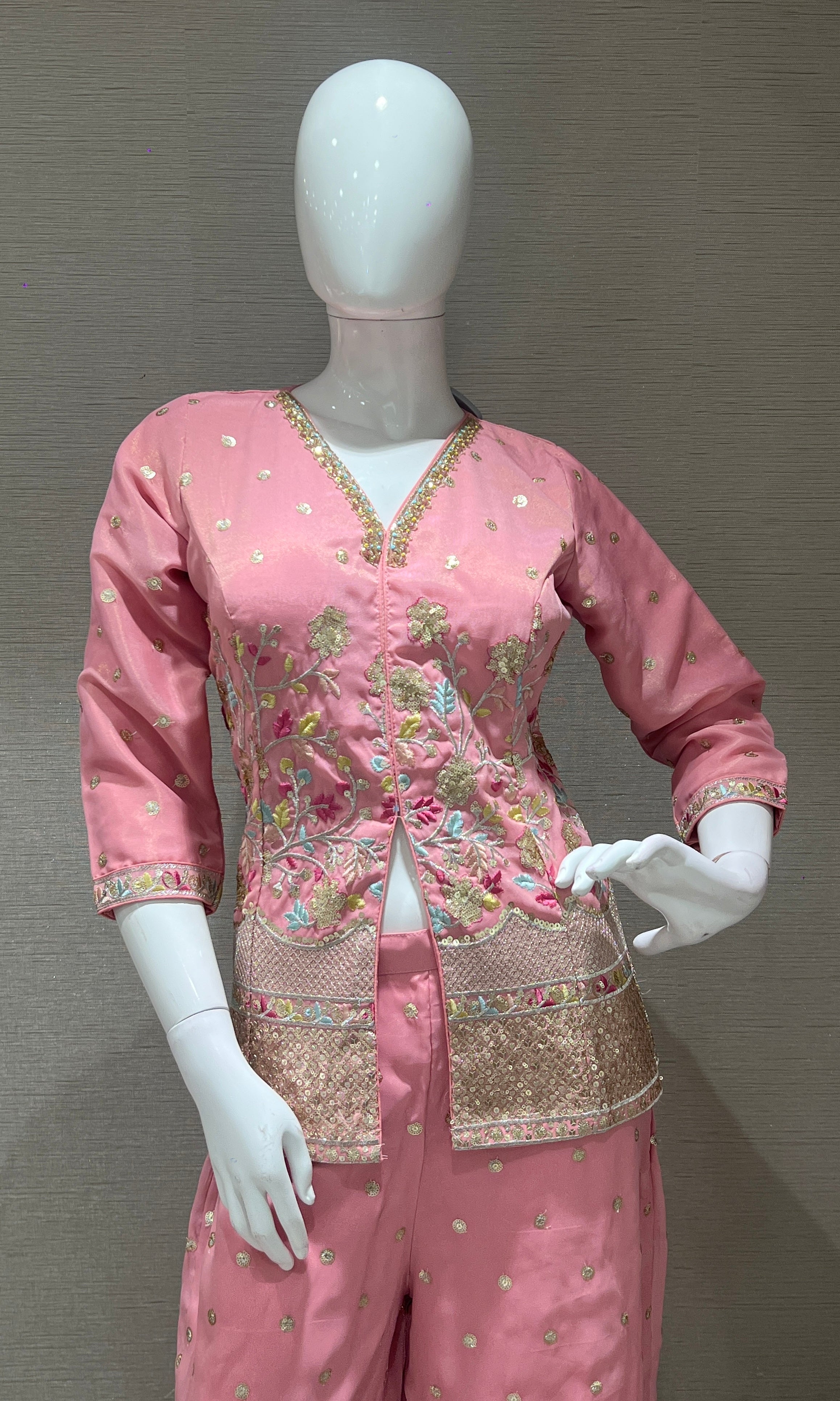 Rose Pink Floral Embroidered Palazzo set