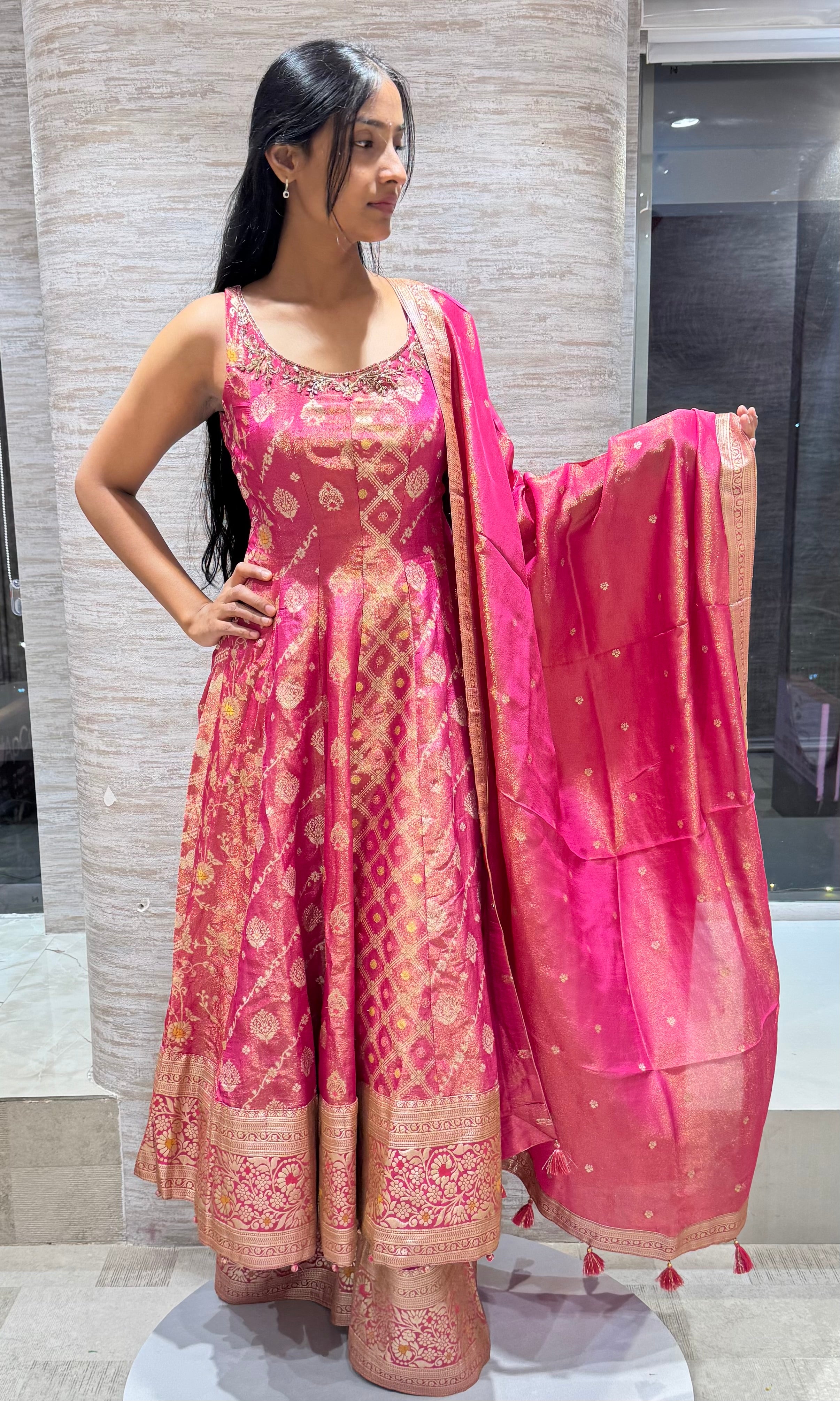 pink banarasi anarkali sharara set