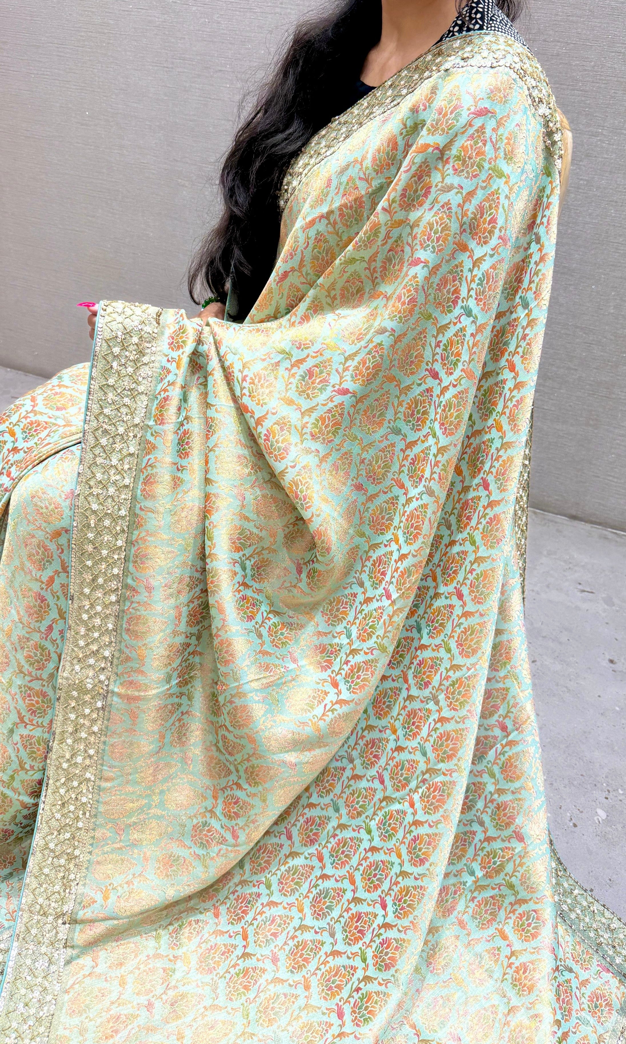 Pastel Sage Green Banarasi saree with ready blouse
