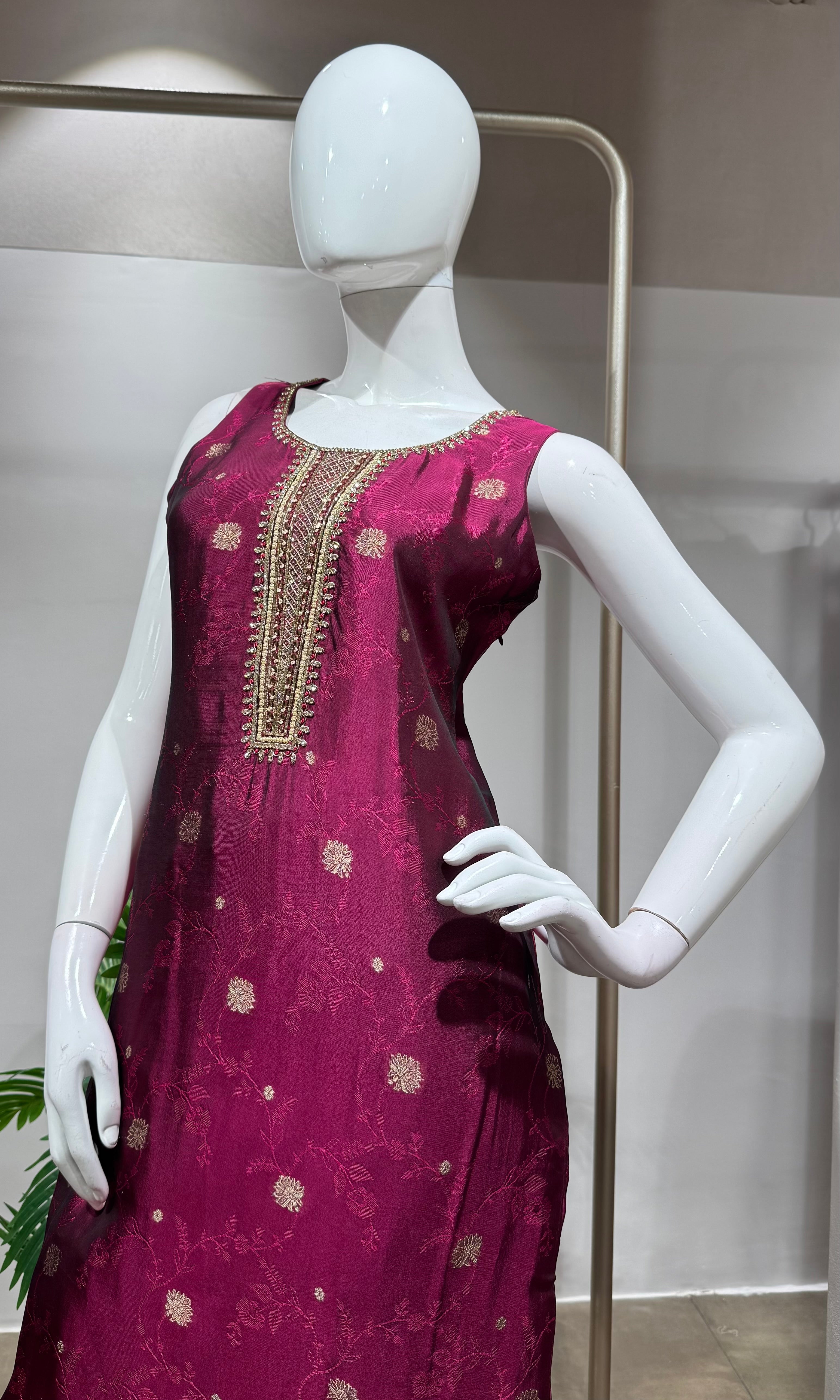 Wine Silk Embroidered kurta Set
