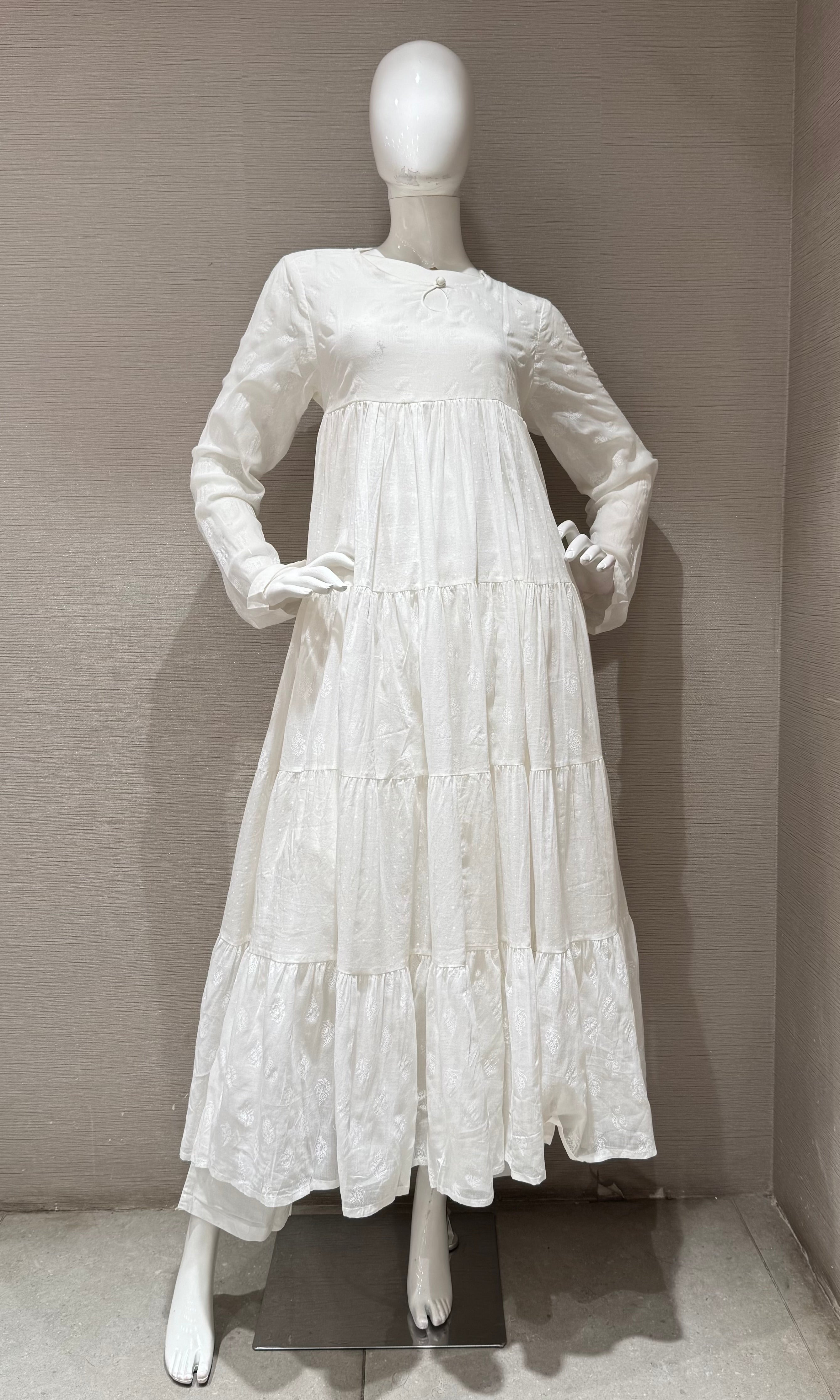 White Floral Block Print anarkali Set with Dupatta