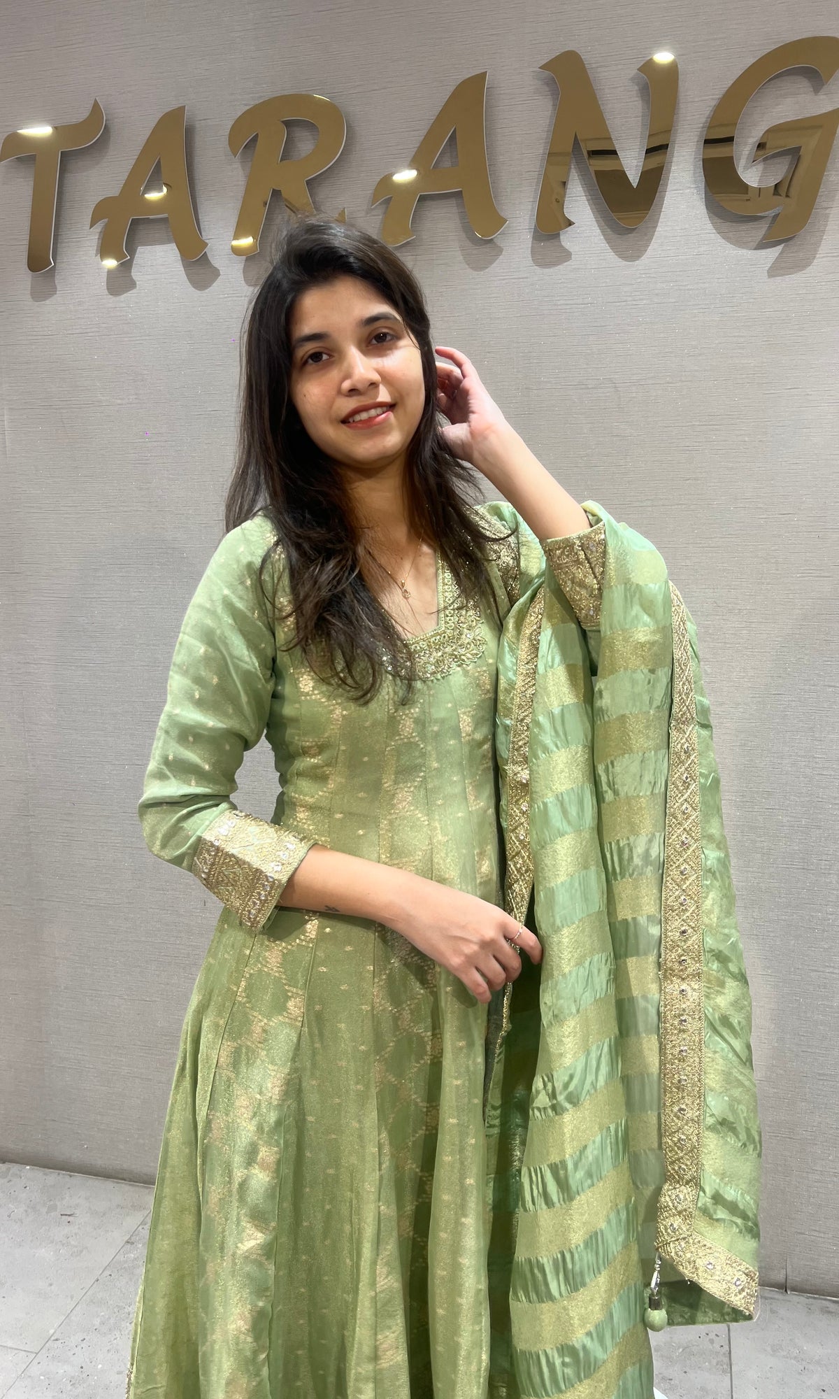 Pista Green silk Anarkali Set Golden Embroidery with Dupatta