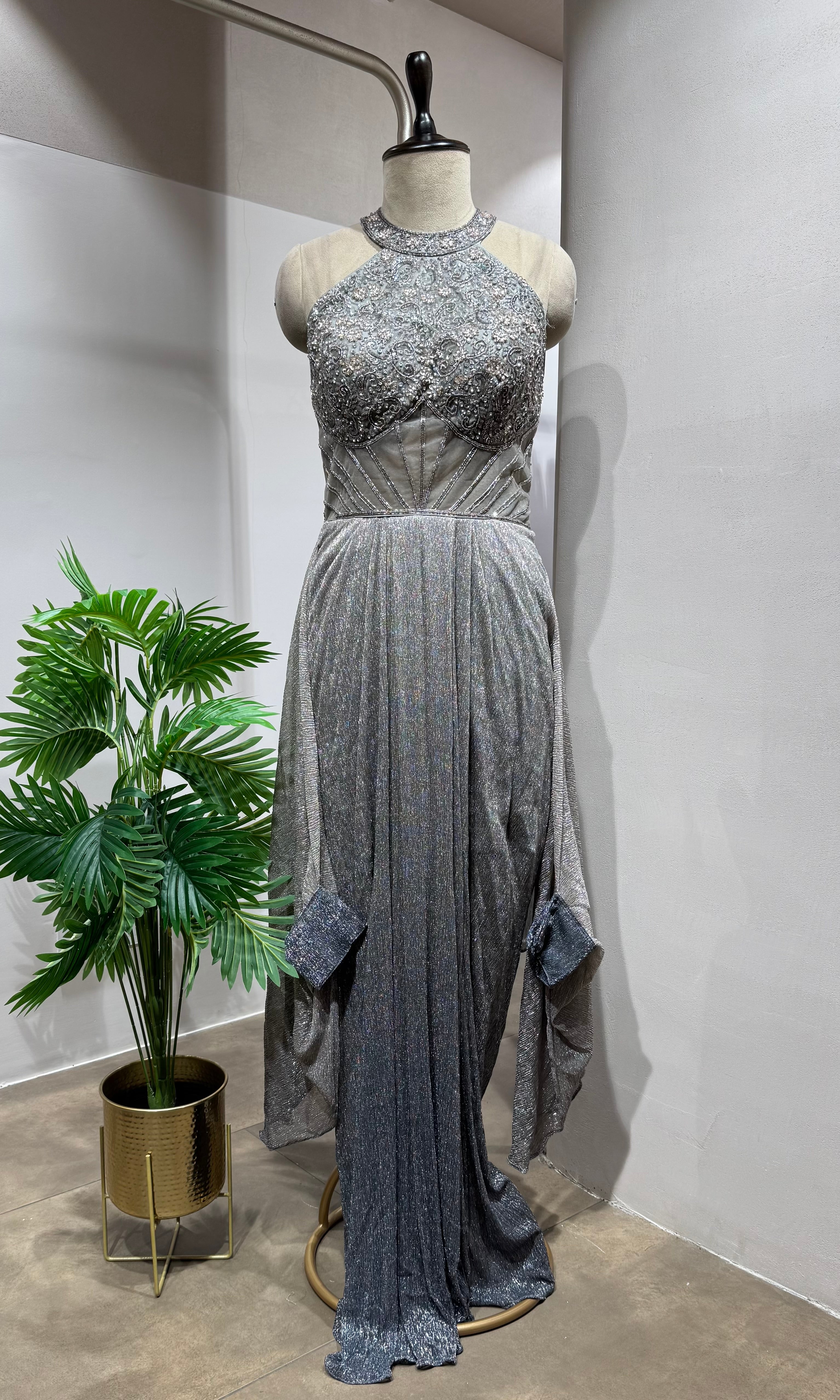 Grey Metallic Shimmer Halter Gown