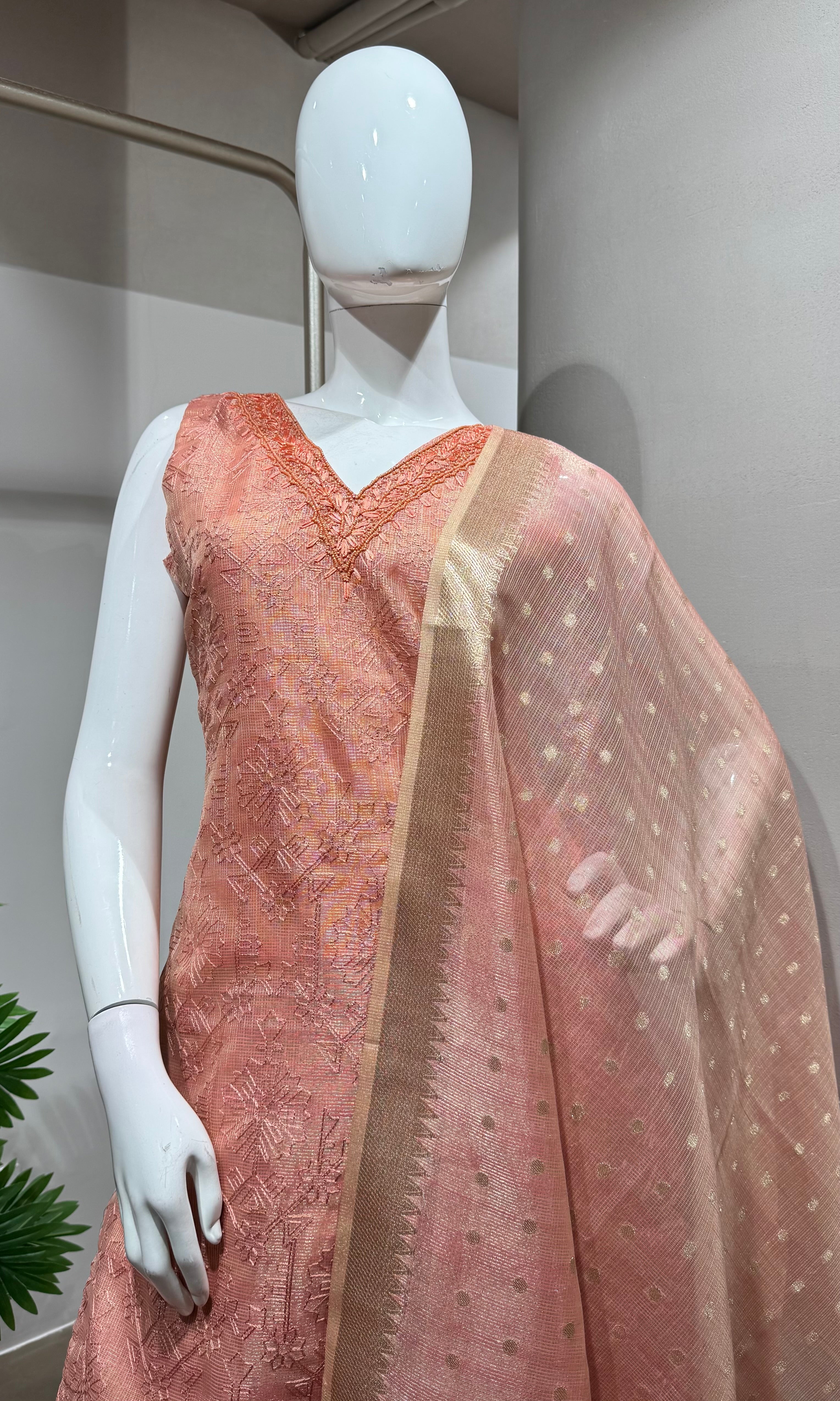 Pink shimmer tissue kurta set