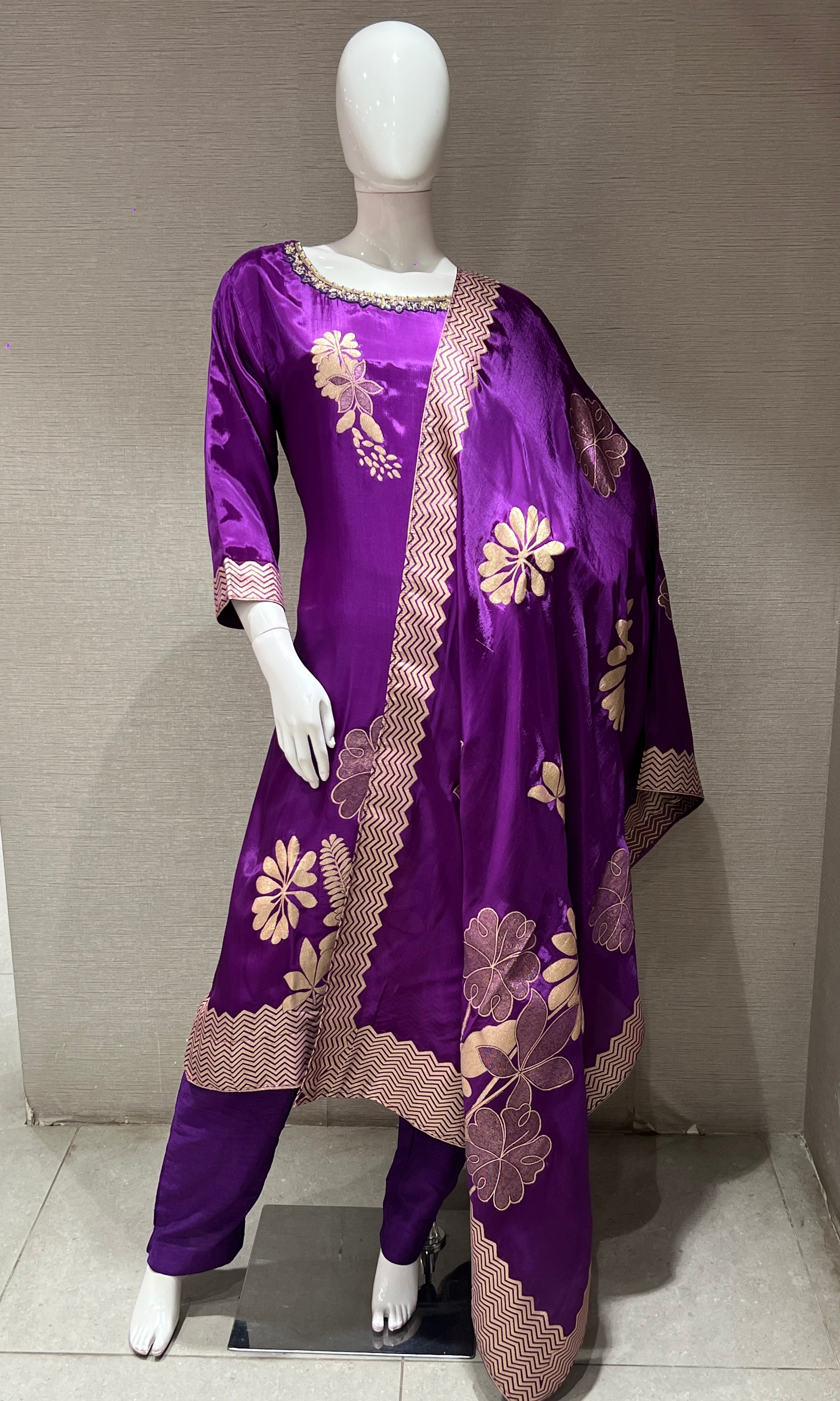 PURPLE Golden Embroidered KURTA SET