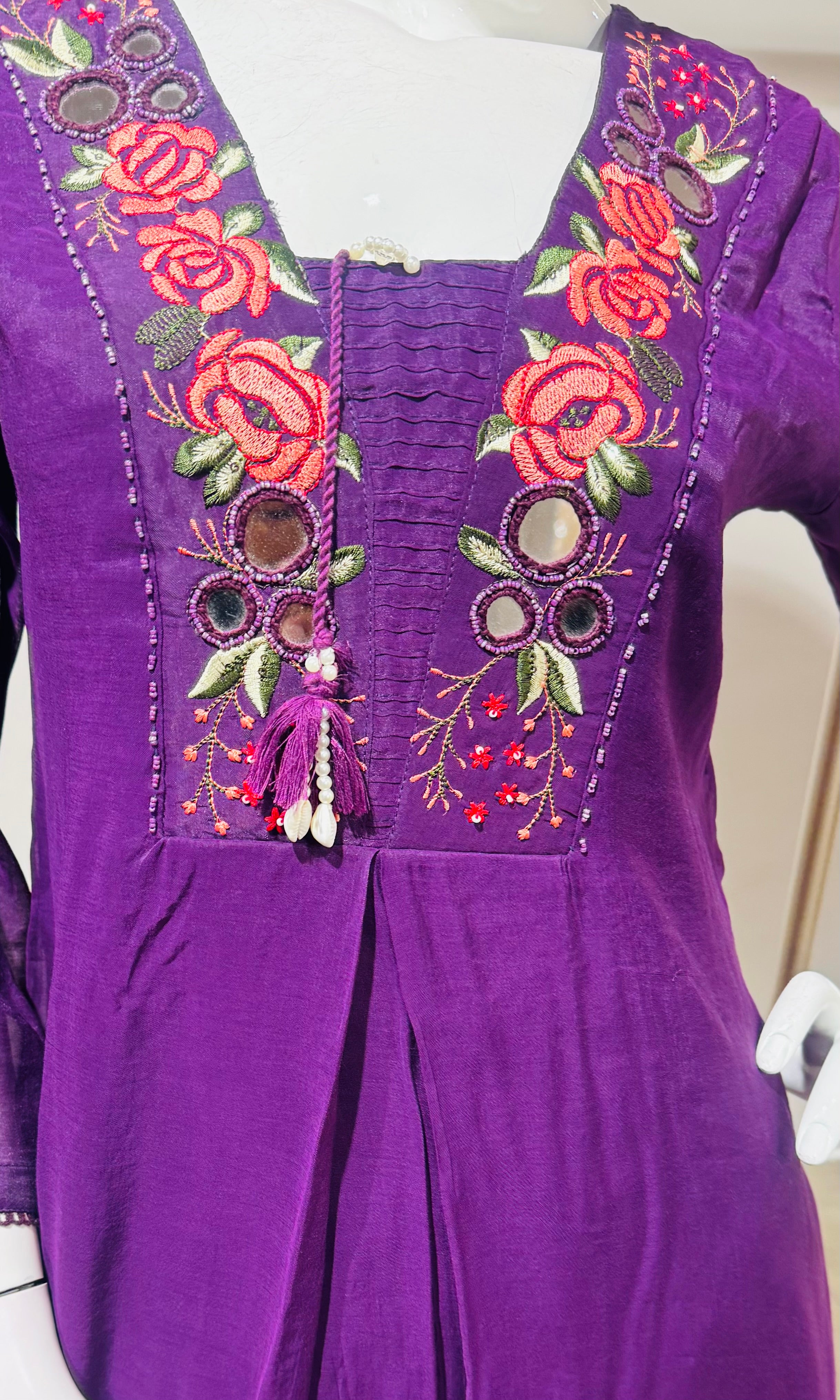 Wine Ethnic Kurta Set with Multicolored Neckline