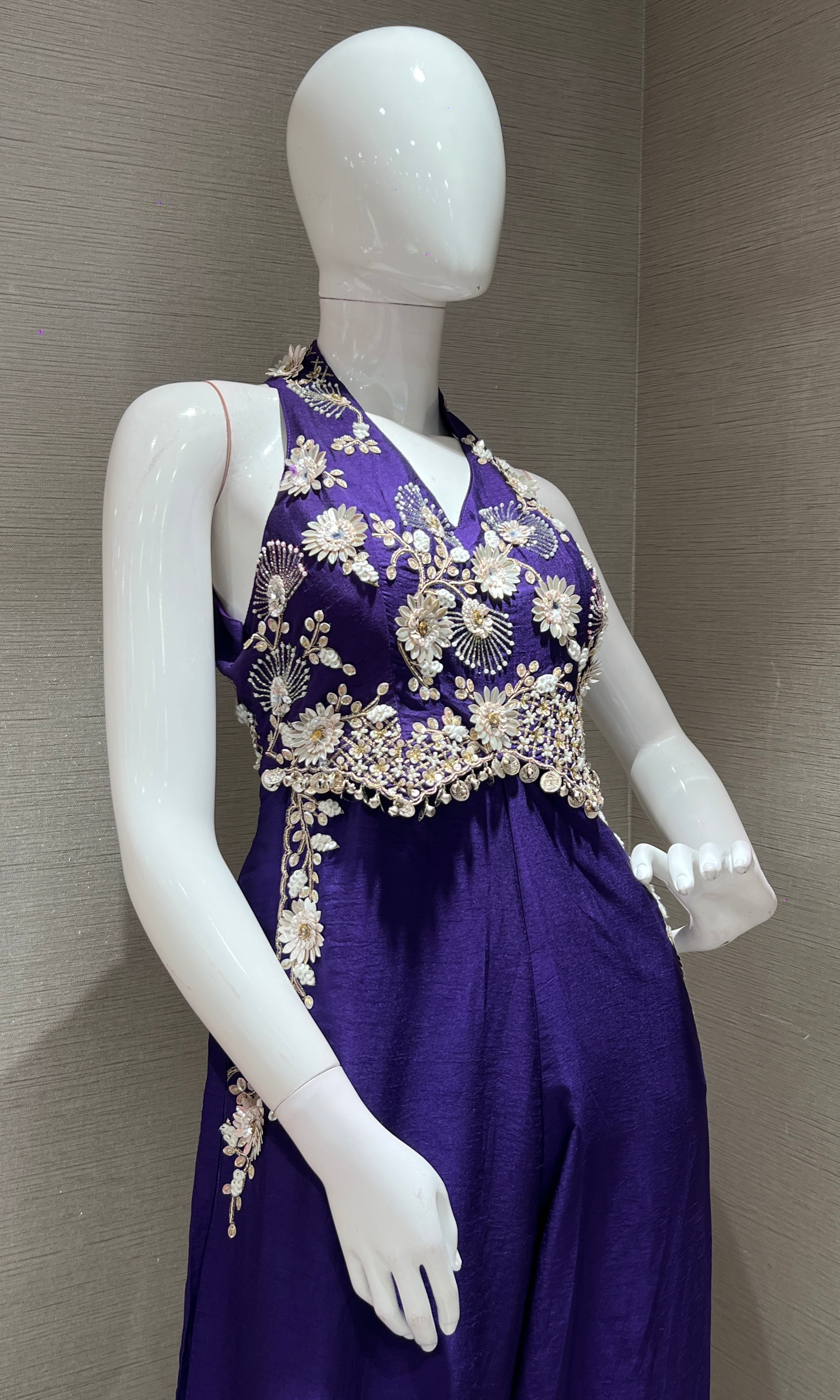 halter neck  Purple jumpsuit with floral embroidery
