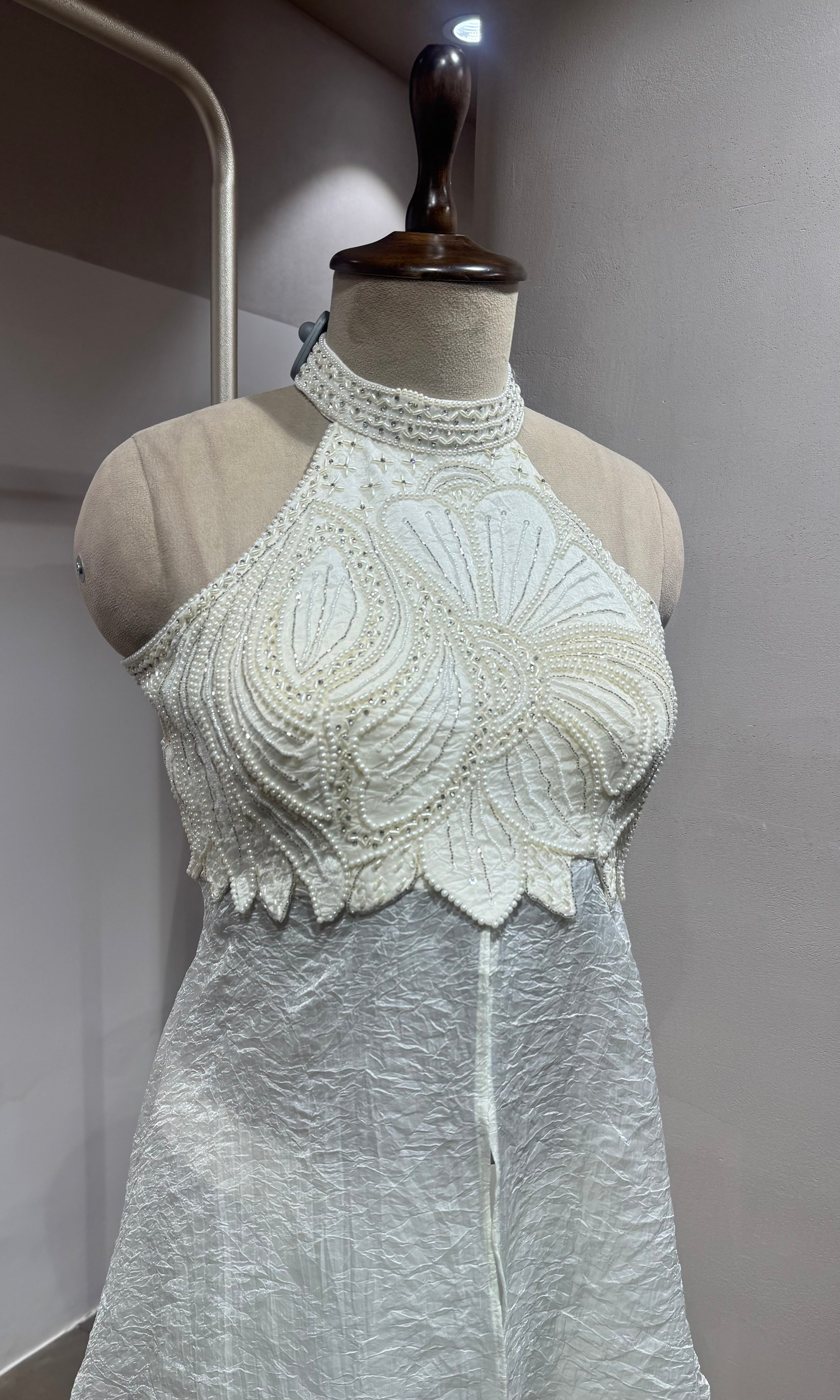 White Halter neck Embroidered peplum palazzo set