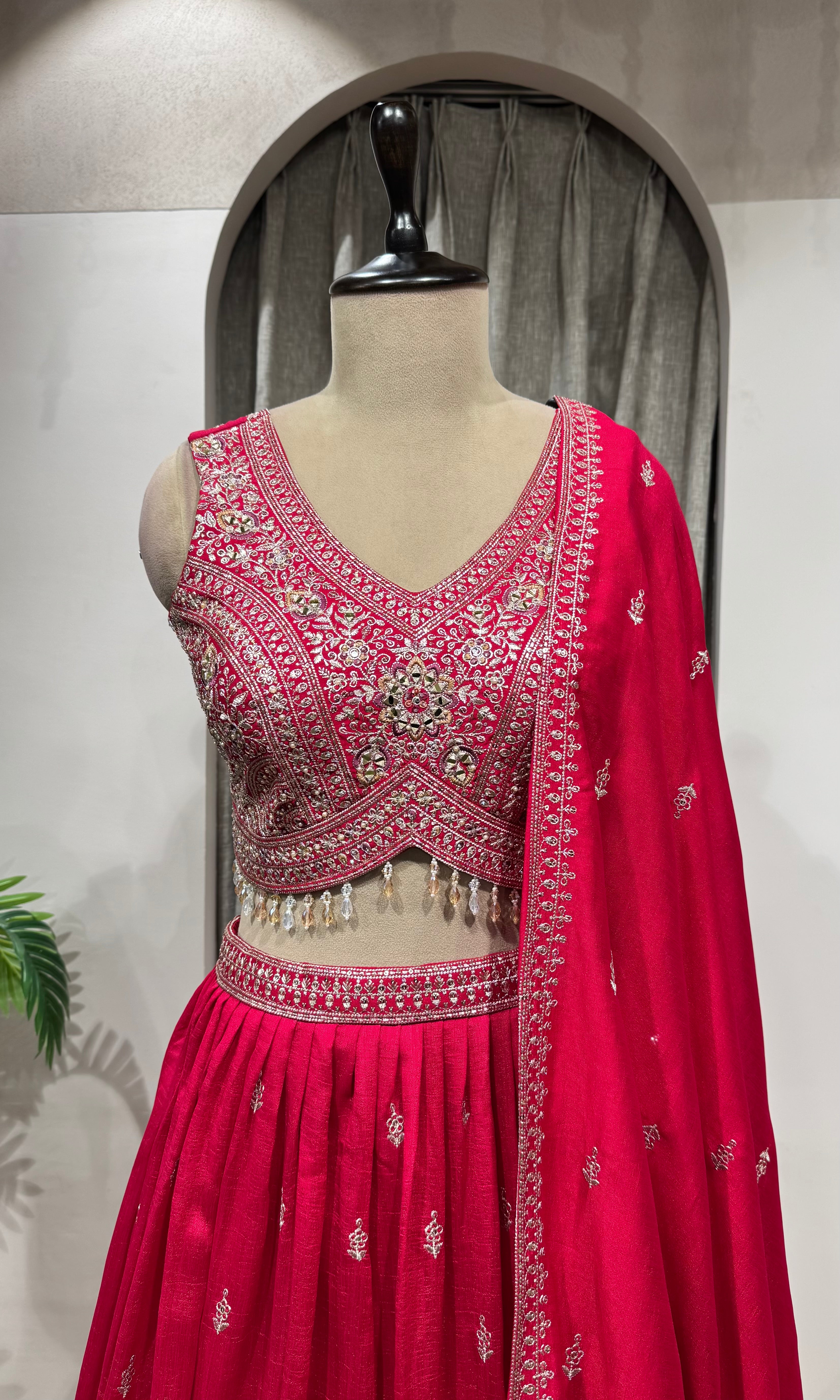 pink raw silk embroidered lehenga set