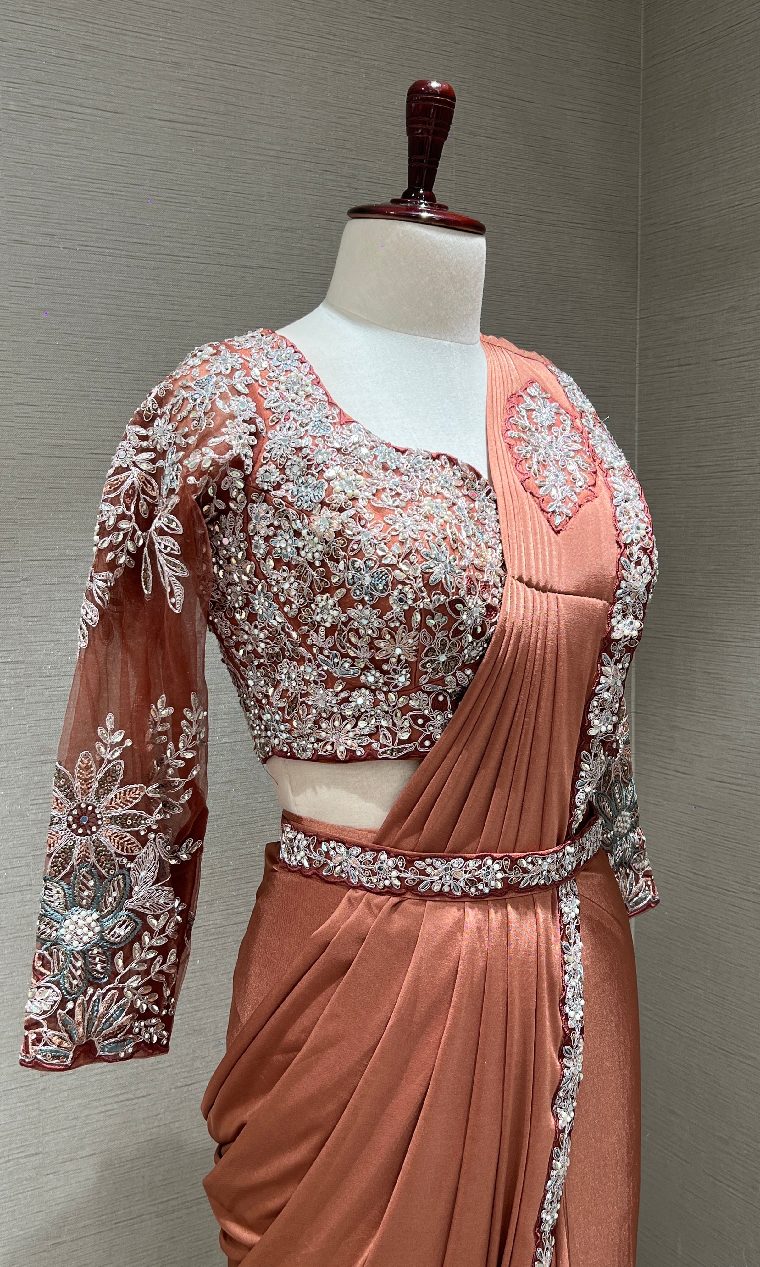 RUST DRAPE SAREE WITH FLORAL BLOUSE & BELT