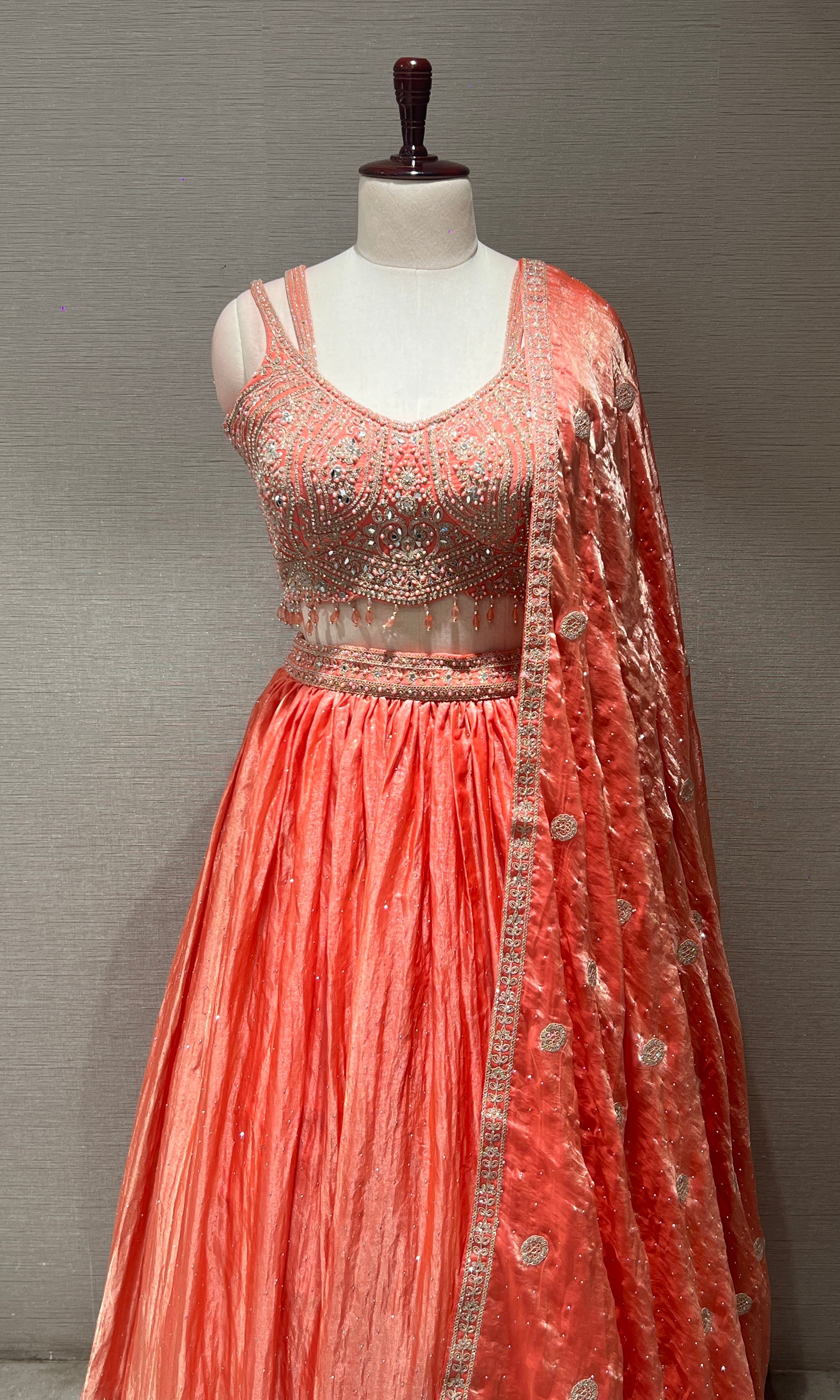 Peach embroidered silk Lehenga