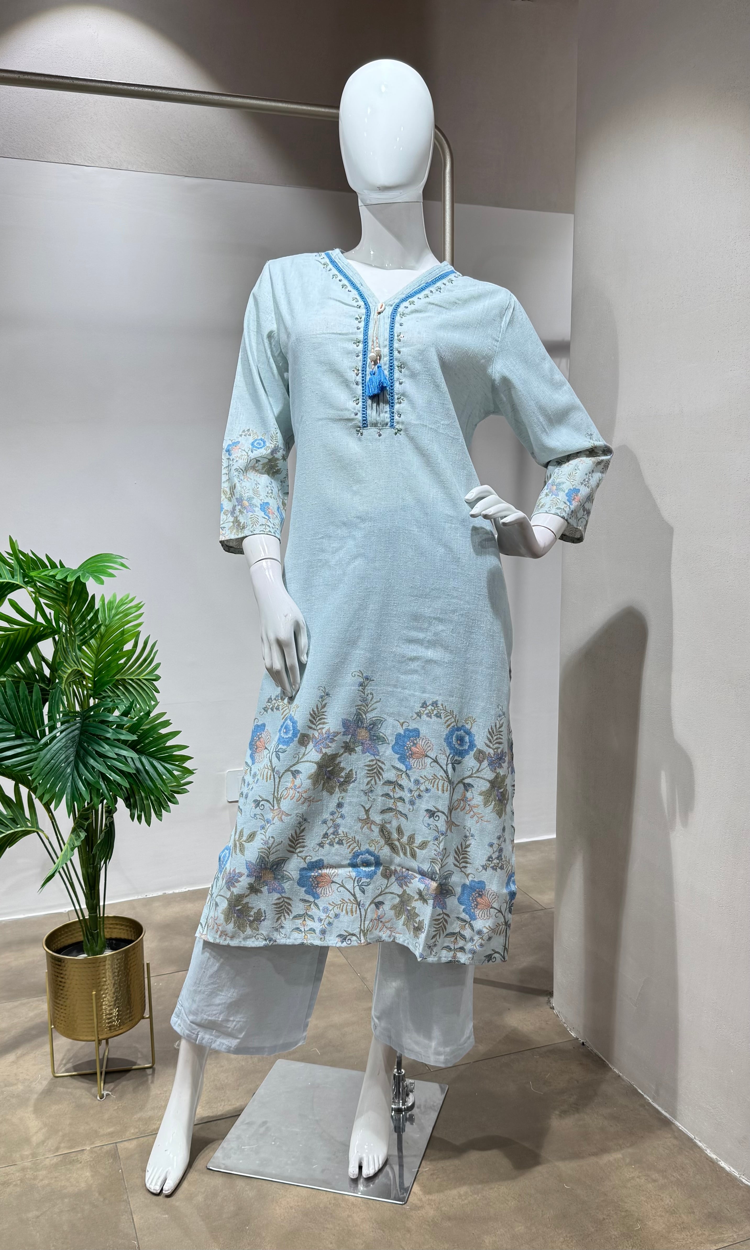 Light blue FLORAL PRINT EMBROIDERED kurta set