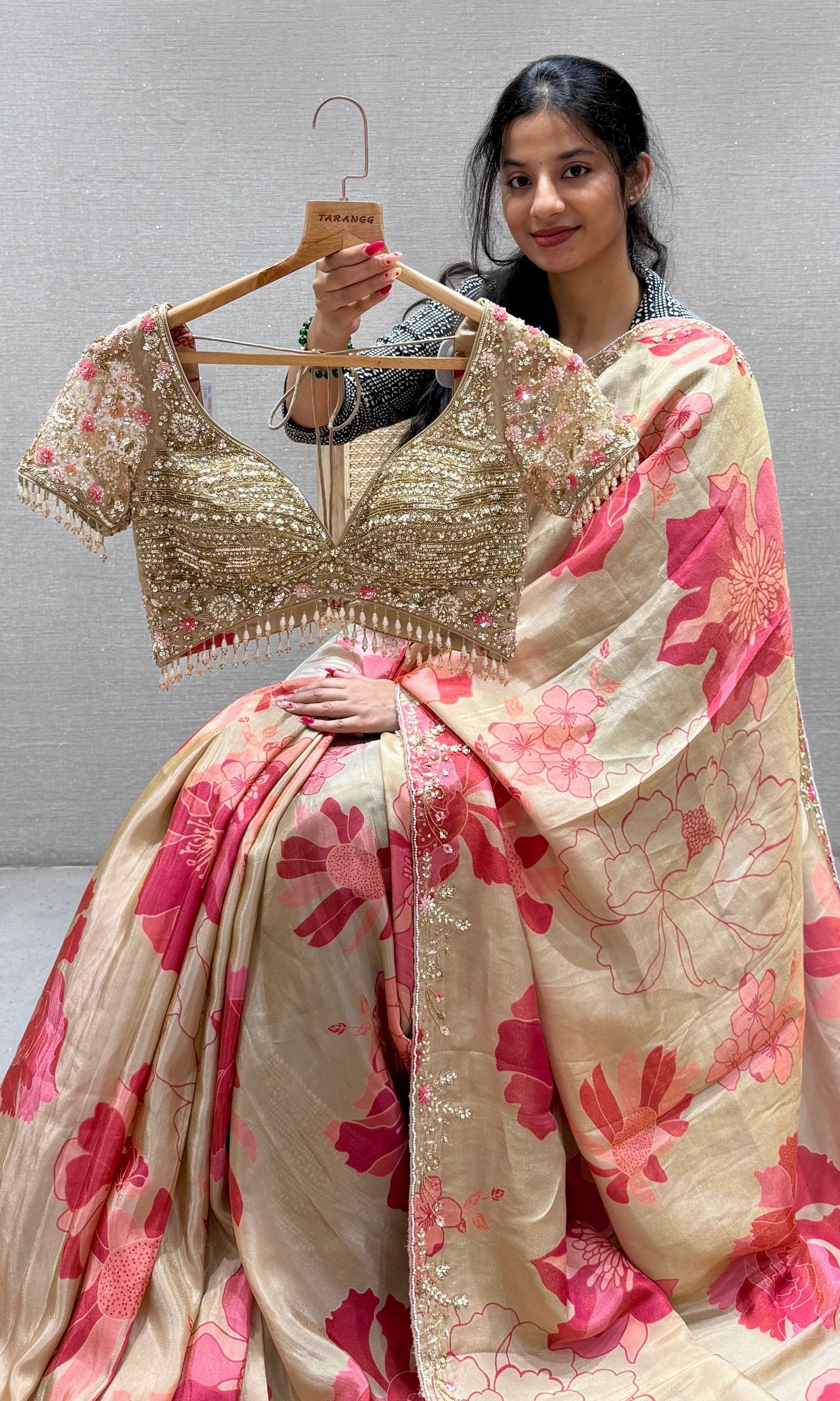 Cream gold floral print satin silk saree with ready blouse