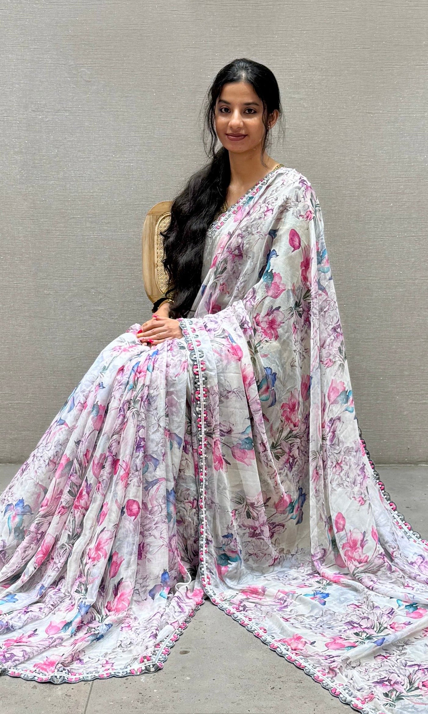 Grey with pink florals crushed Georgette saree with ready blouse