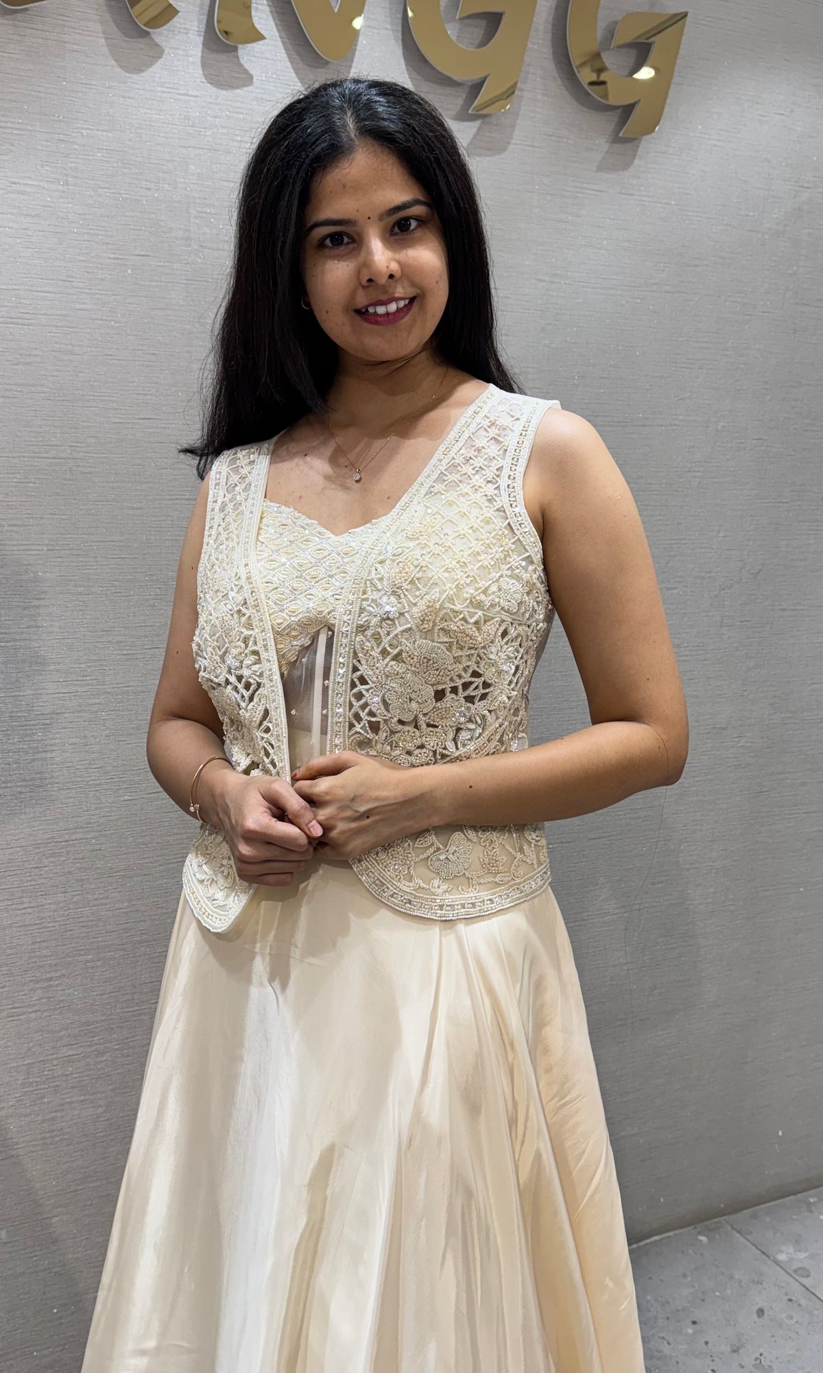 Cream Lehenga with Lace Top and Satin Skirt