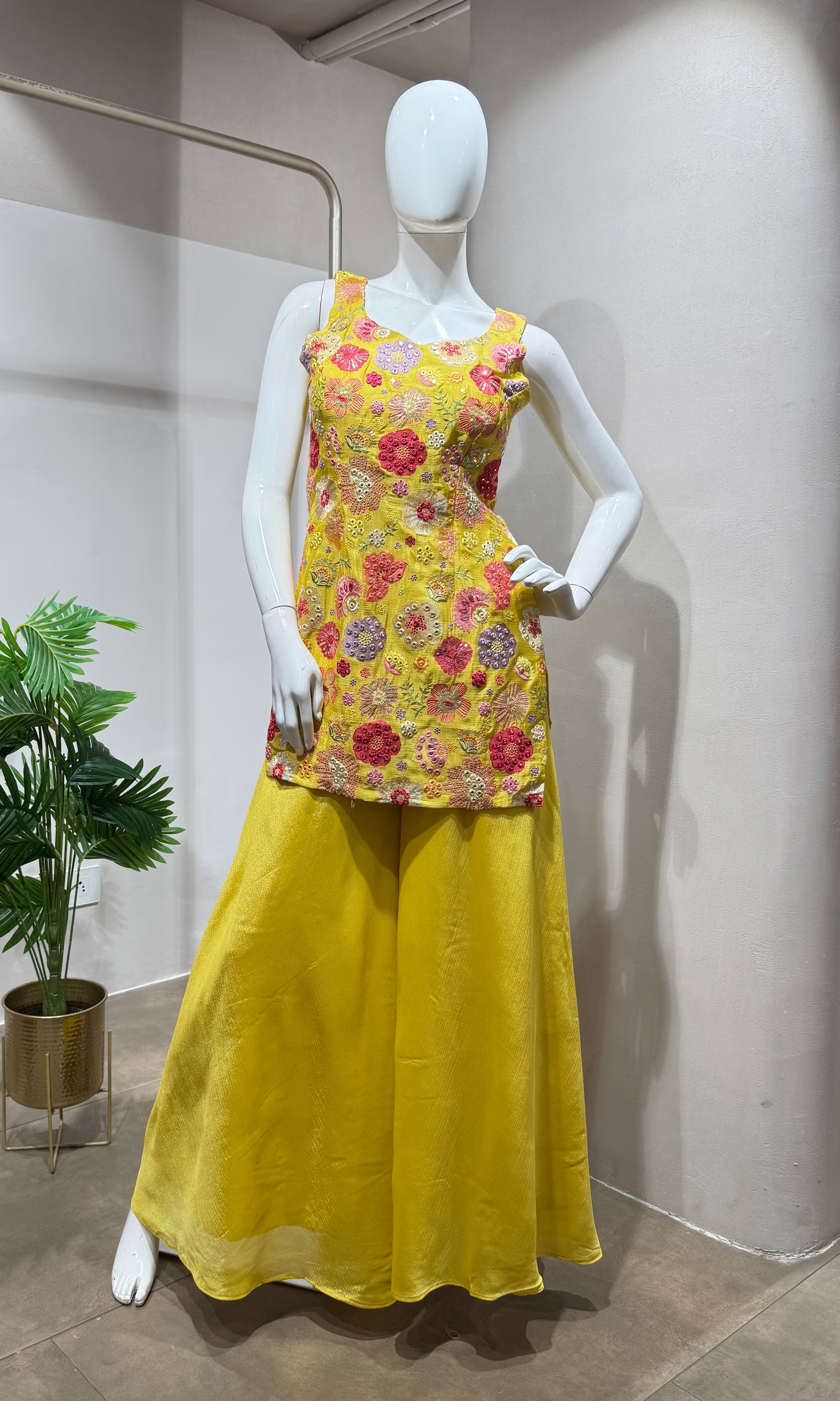 yellow floral print sharara set