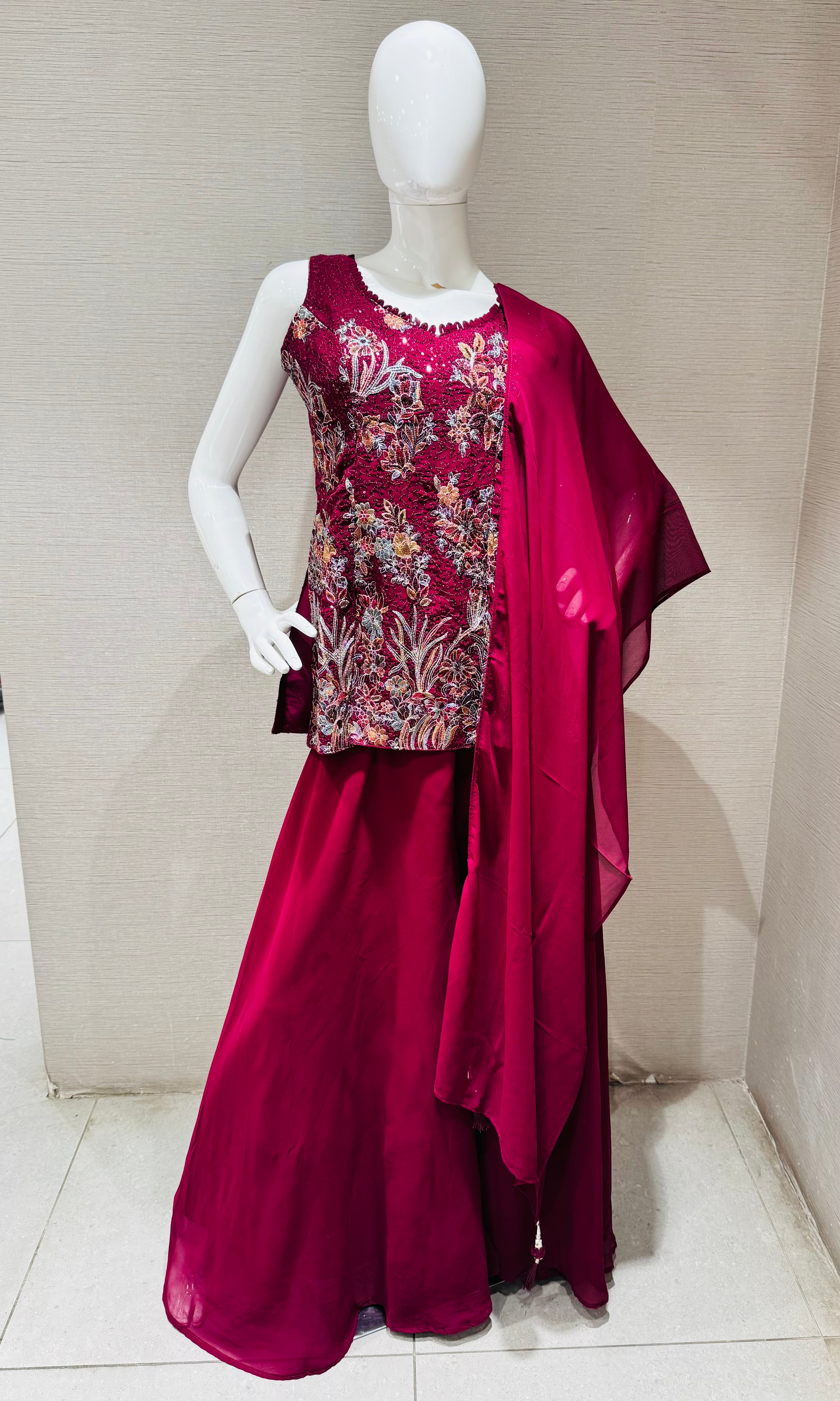 Wine floral zari georgette Palazzo set