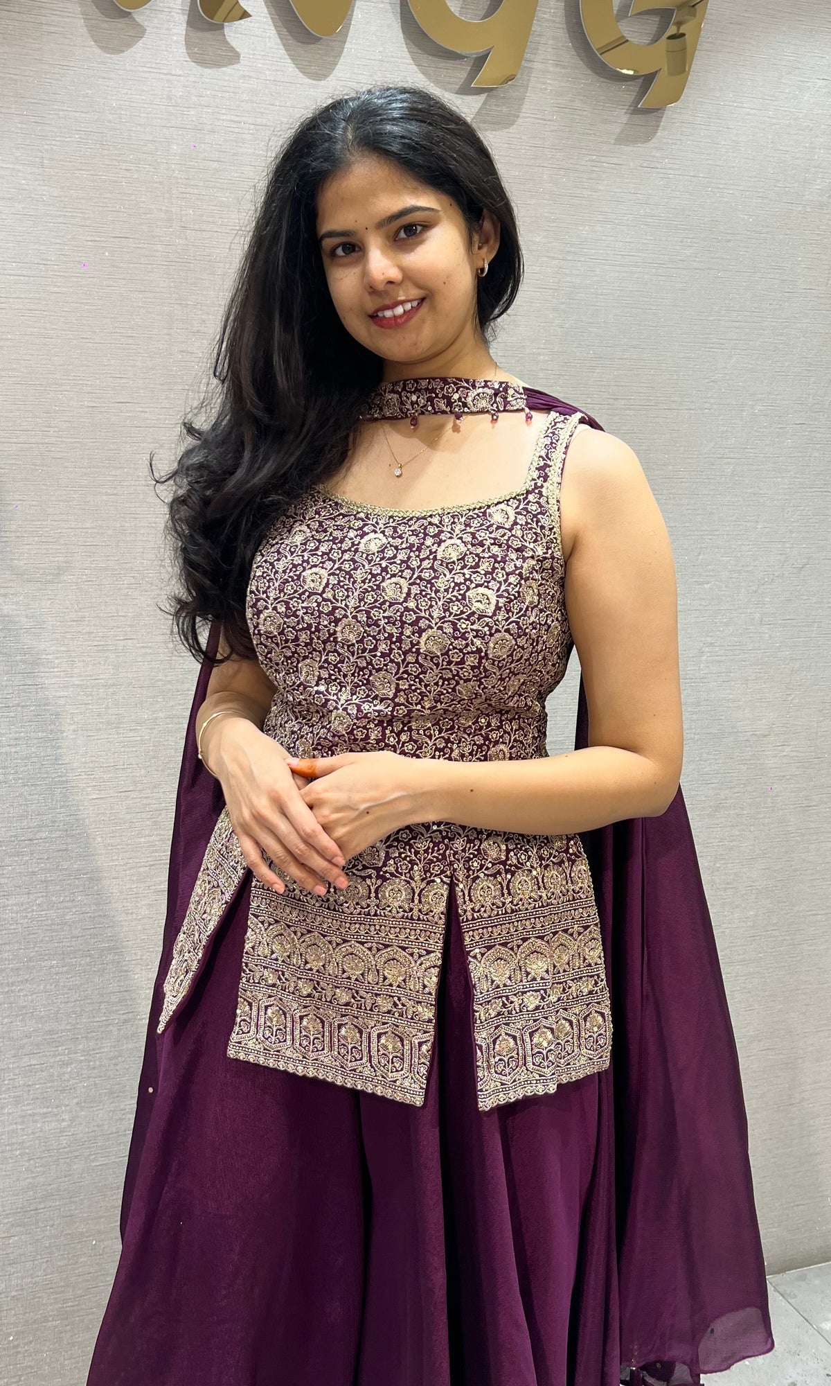 Wine silk Embellished Peplum Palazzo Set with dupatta