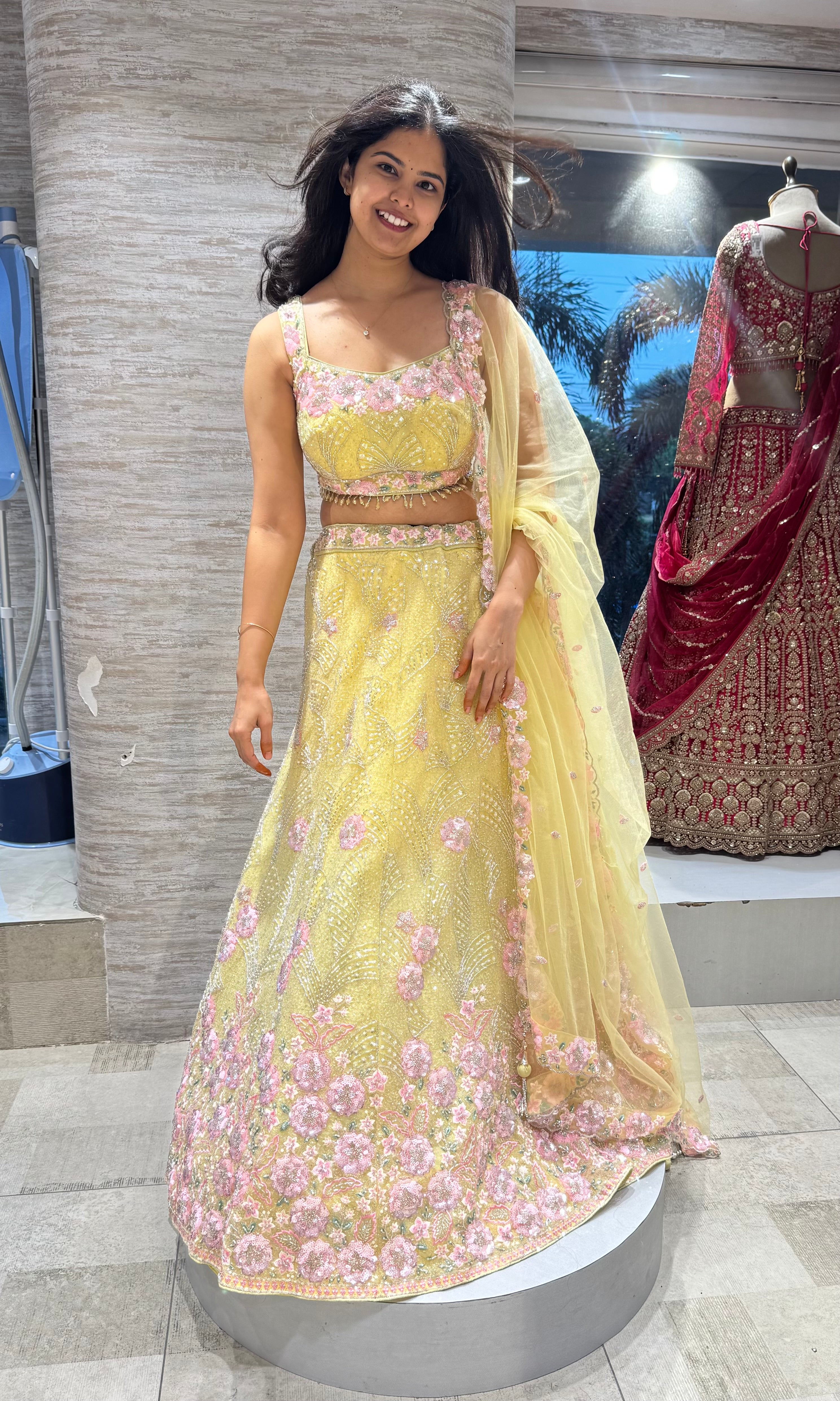 Yellow Embroidered Lehenga Set with Pink Floral