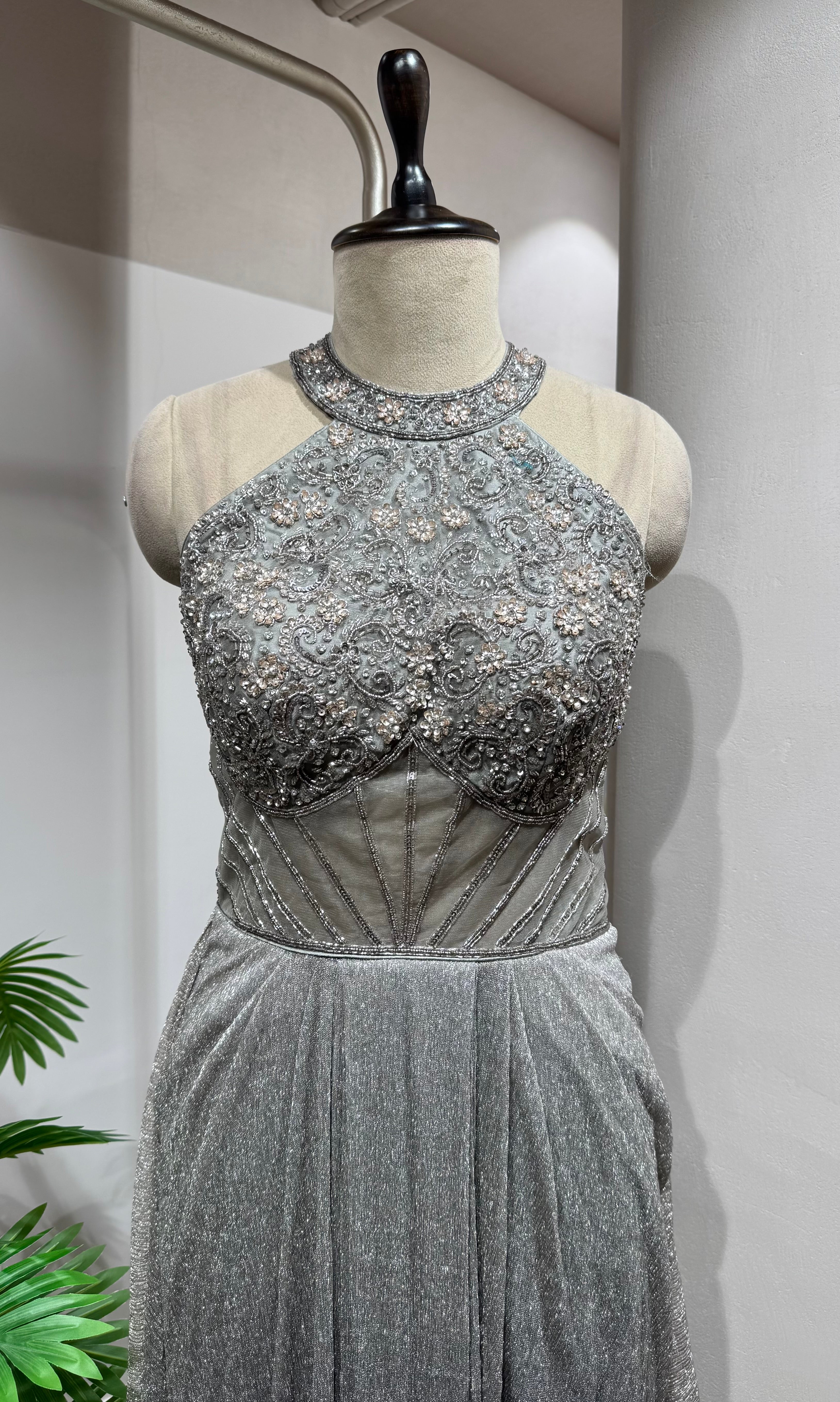 Grey Metallic Shimmer Halter Gown