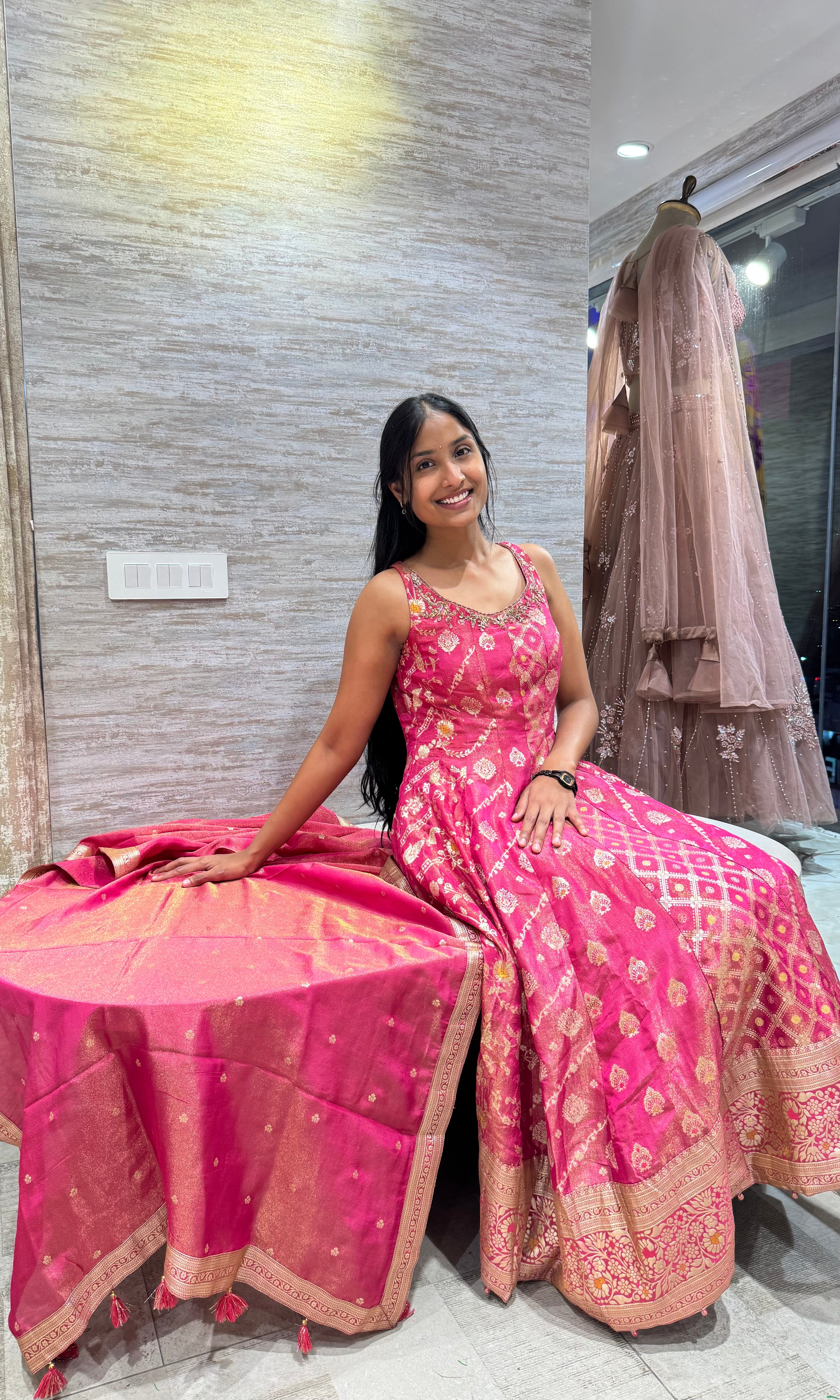 pink banarasi anarkali sharara set