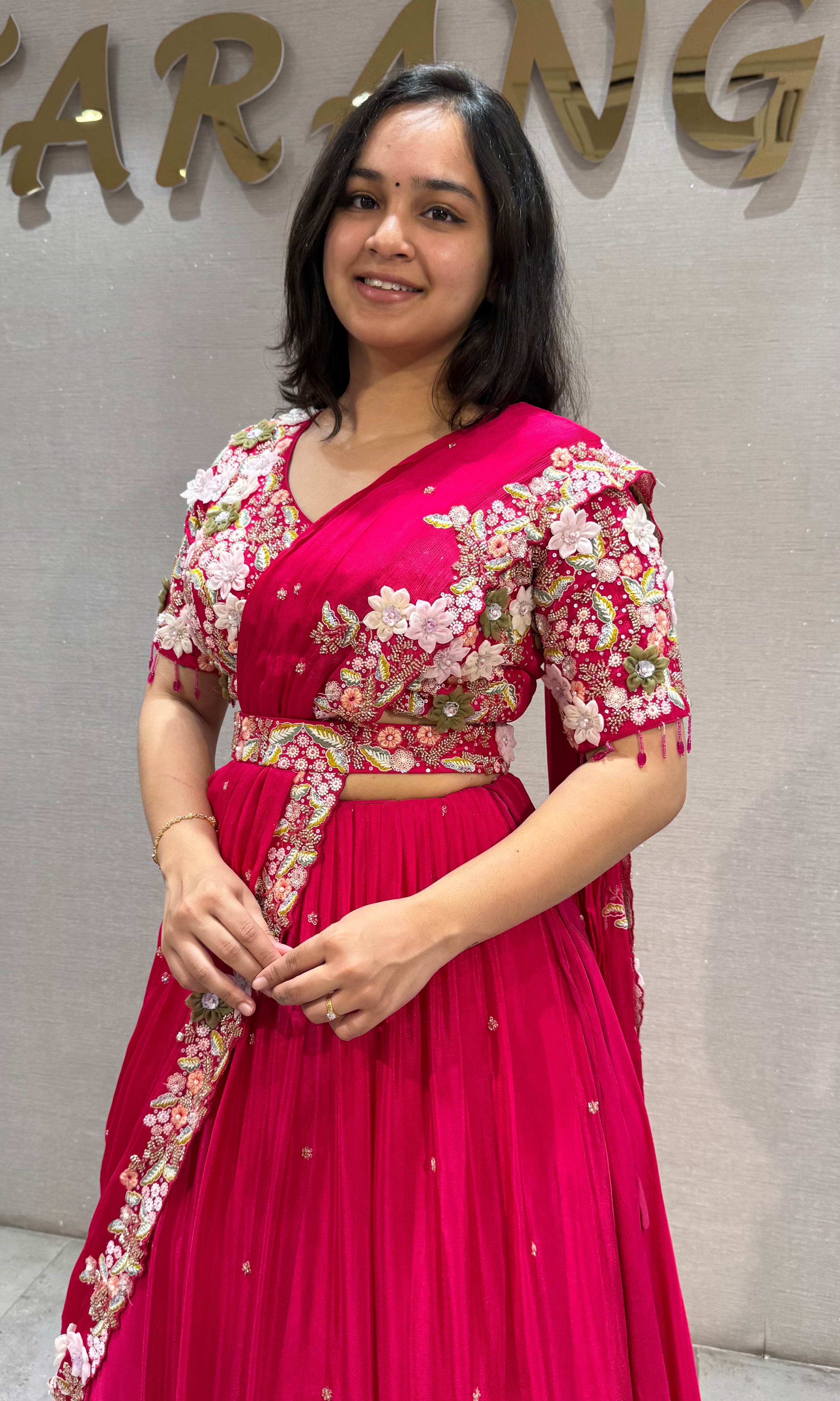Fuchsia Georgette Pink Draped Saree with Embroidered Silk Blouse & Belt