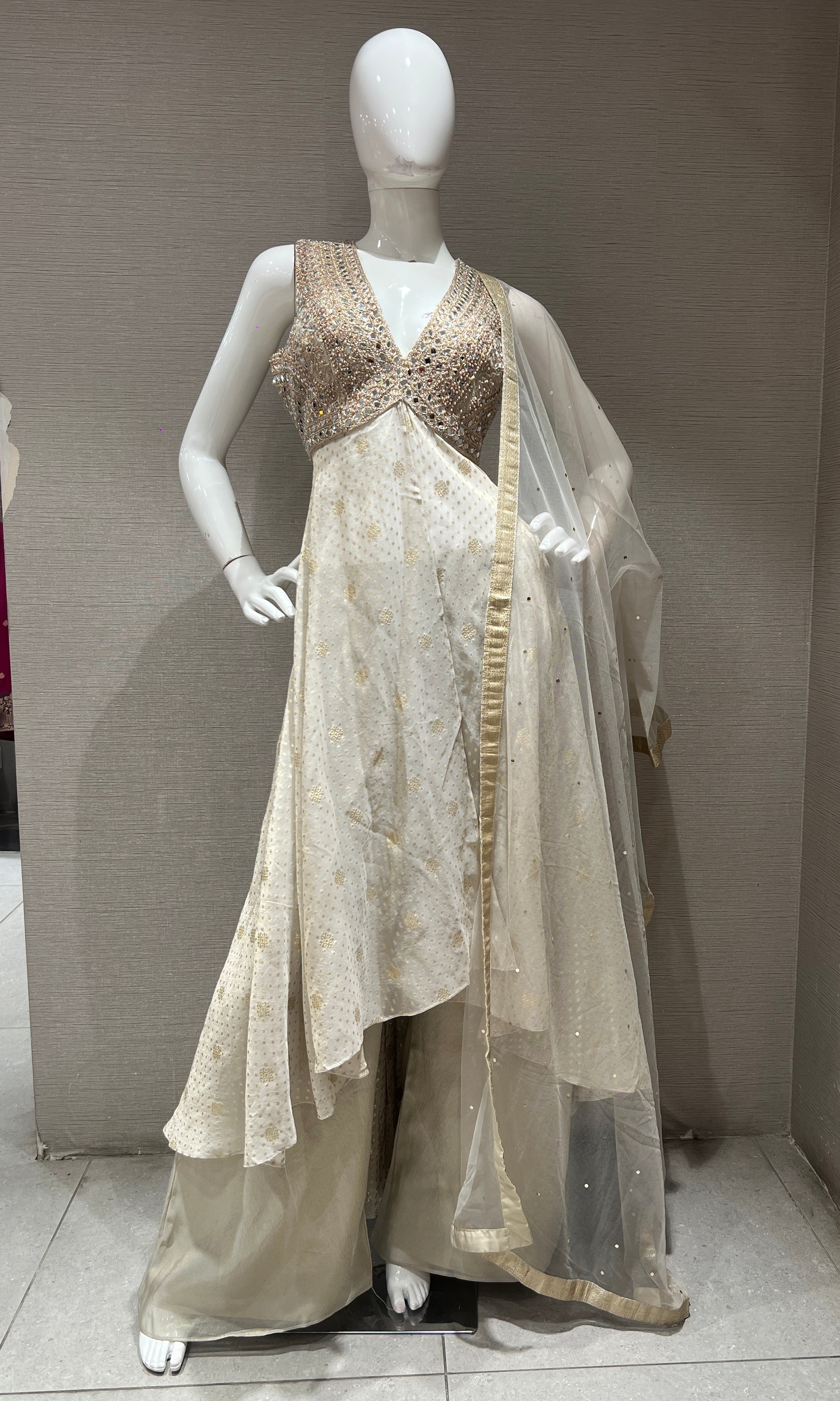Beige Golden Embroidered Anarkali With palazzo pants