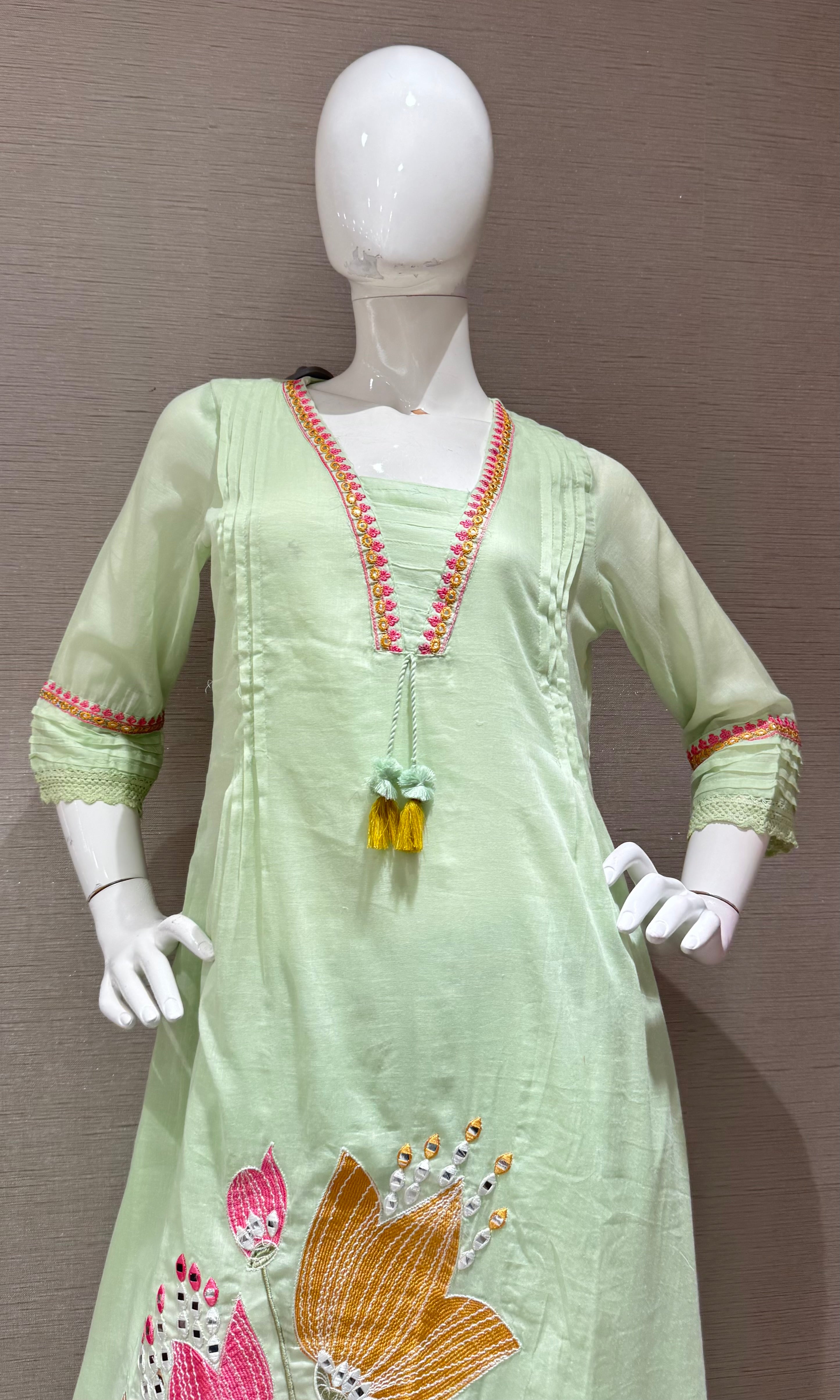Pista Green Floral embroidered kurta set