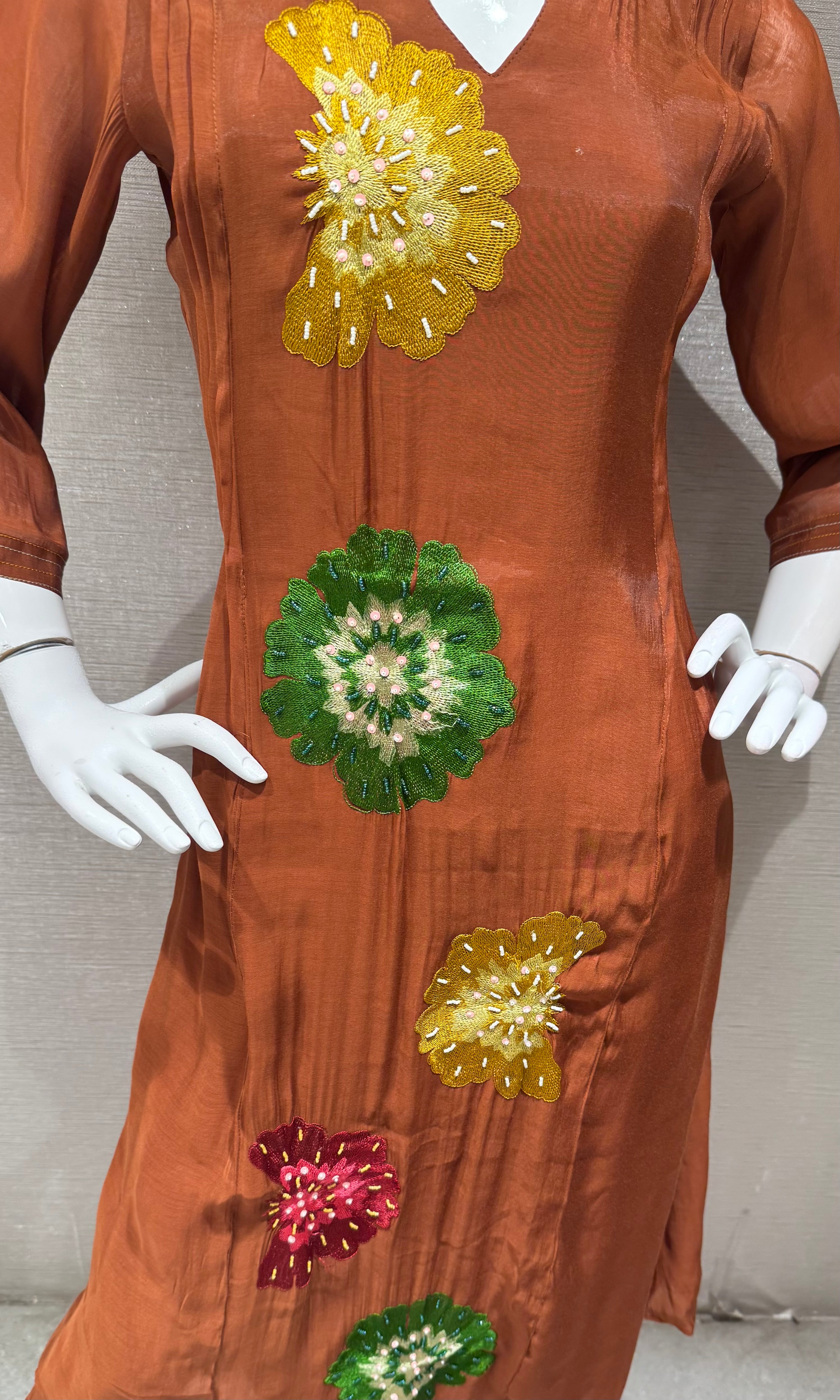 Brown cotton silk Floral Motif Kurta set with dupatta
