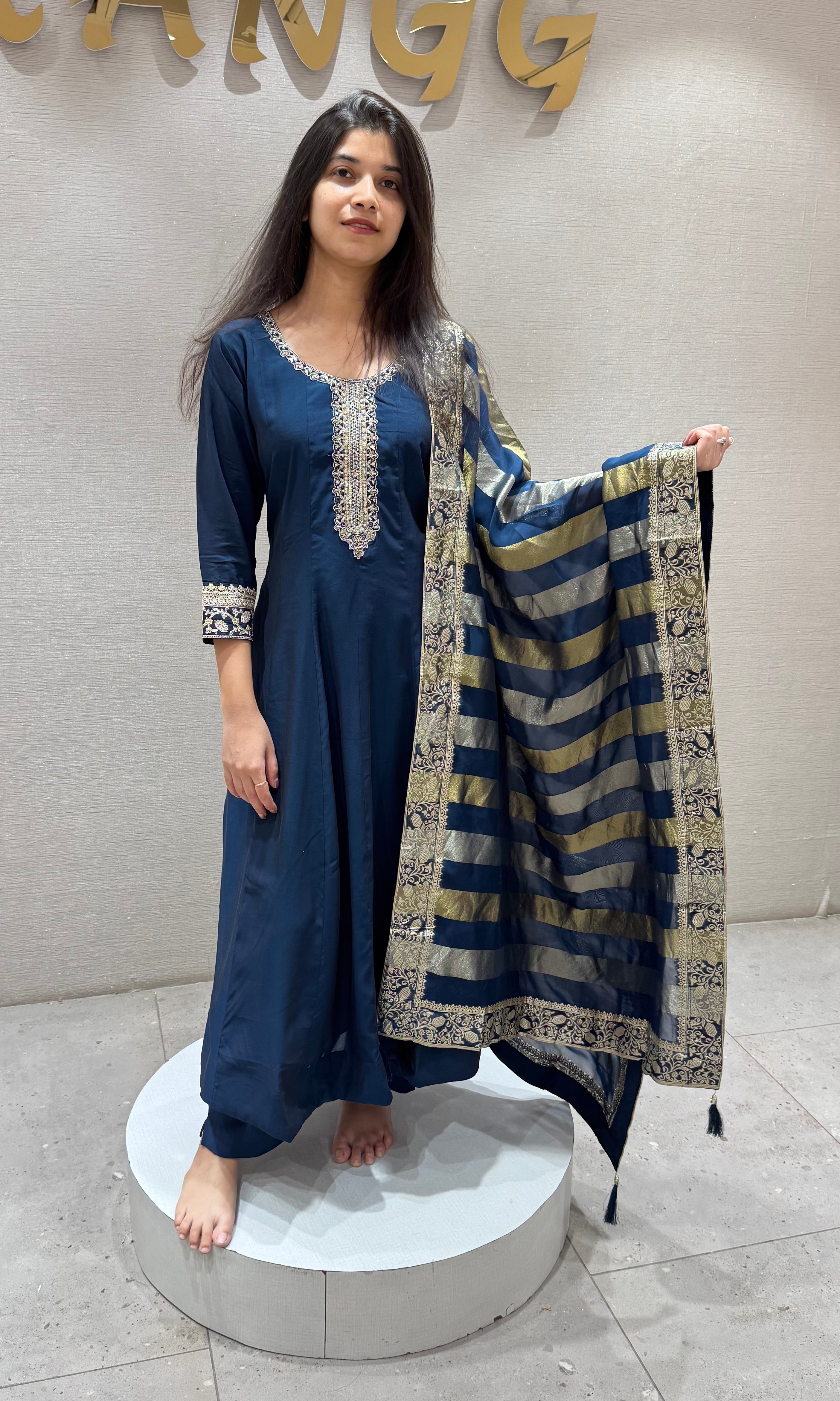 Regal Navy Blue Embroidered Anarkali Set
