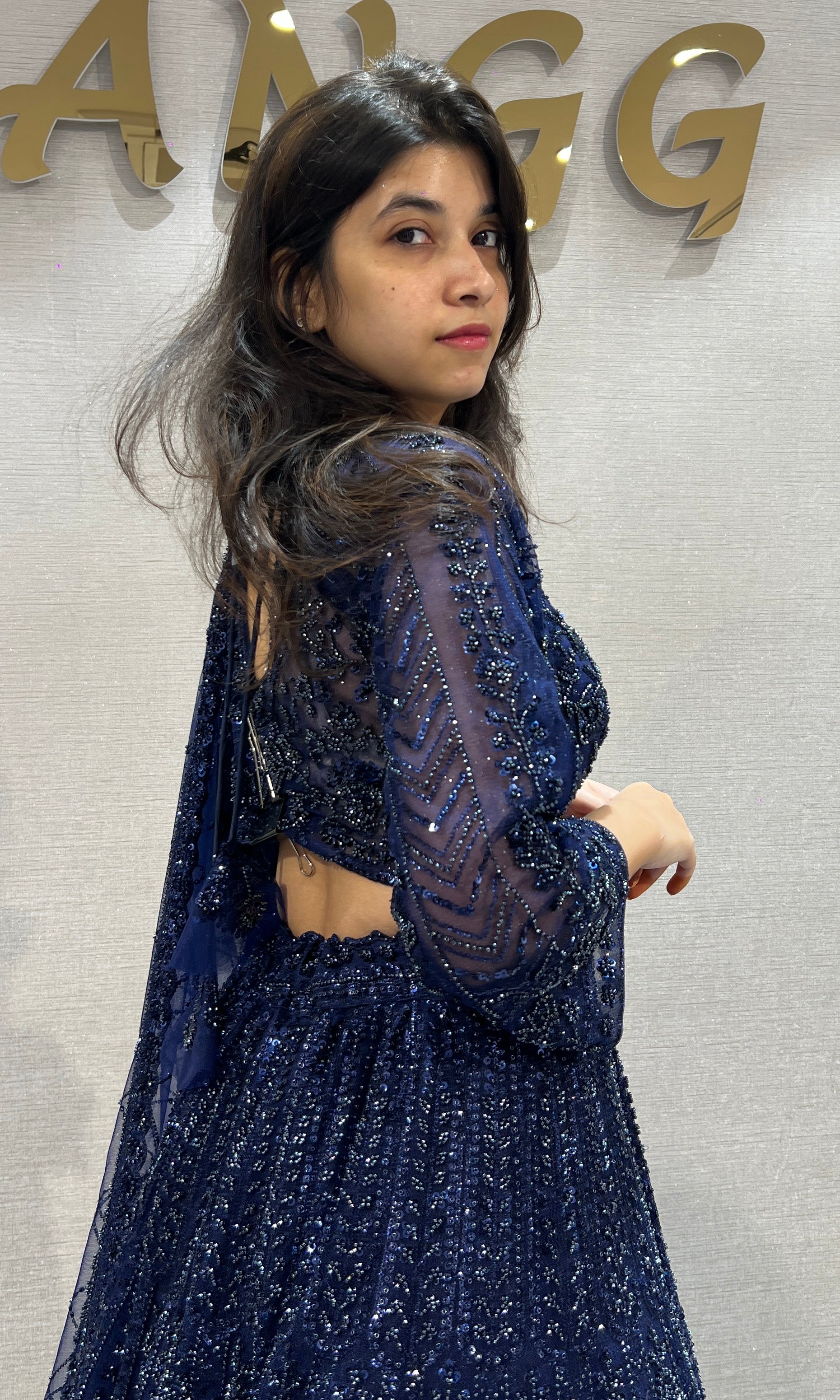 Navy Blue Embellished Net Lehenga