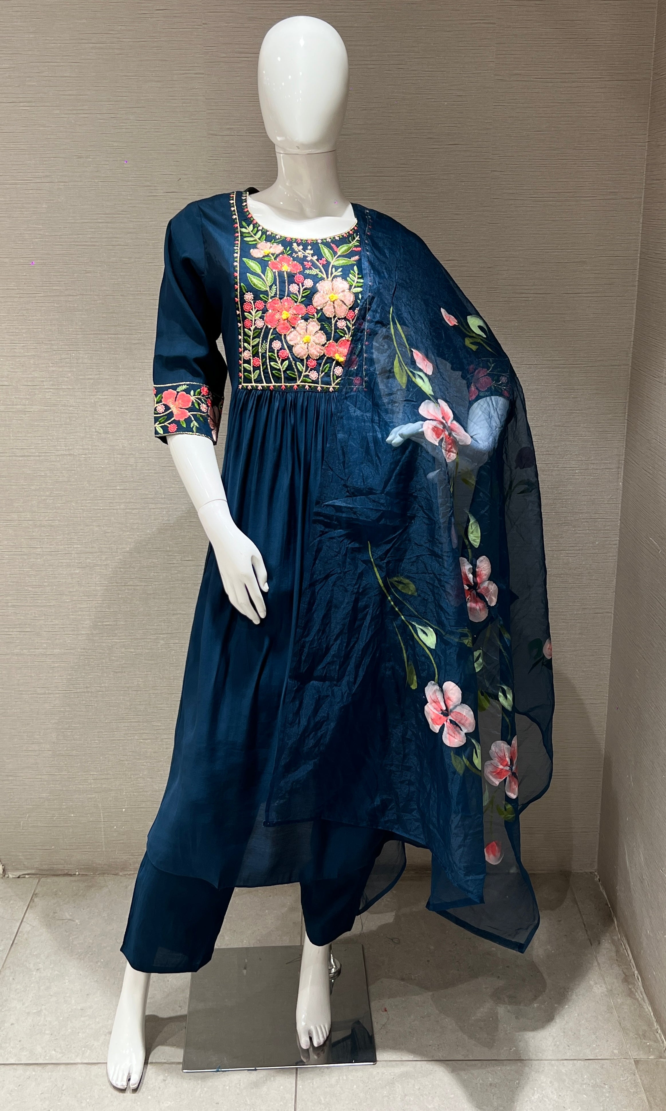 Blue Floral Embroidery Mul Chanderi kurta set