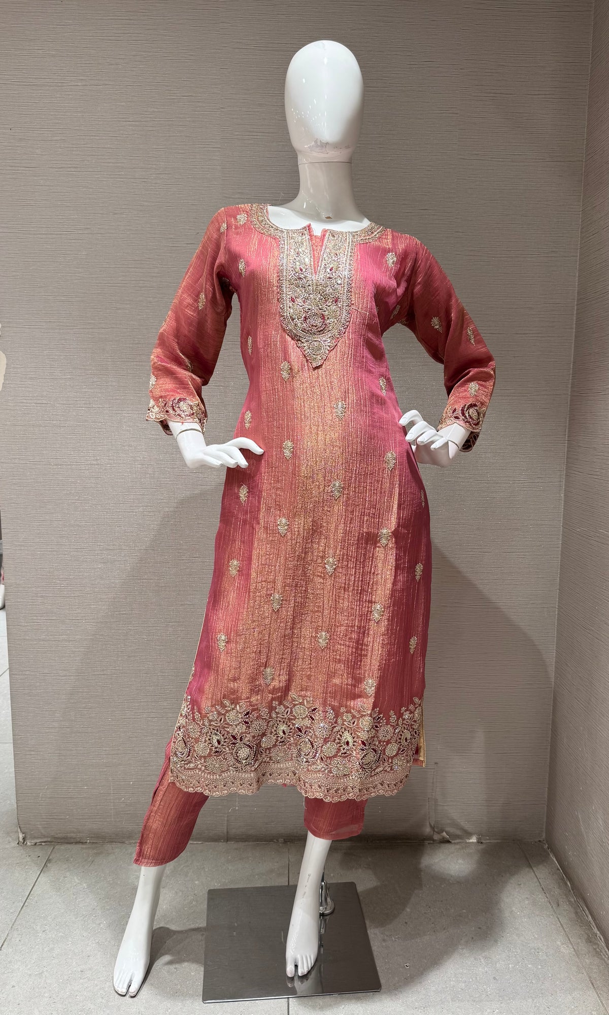 pink Tissue silk Ethnic Kurta Set with Zari dupatta
