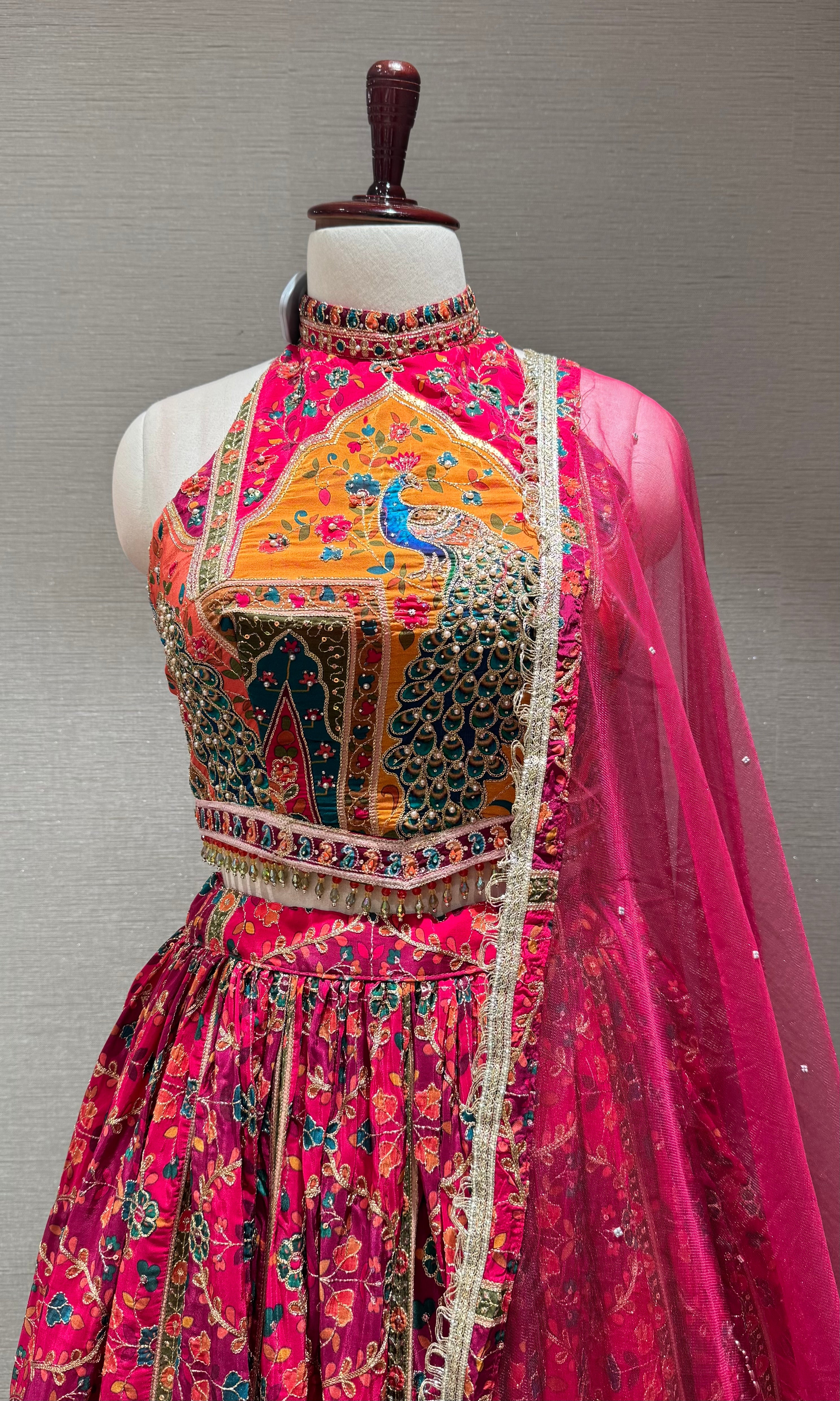 pink Mayur Pichwai halter neck Lehenga set