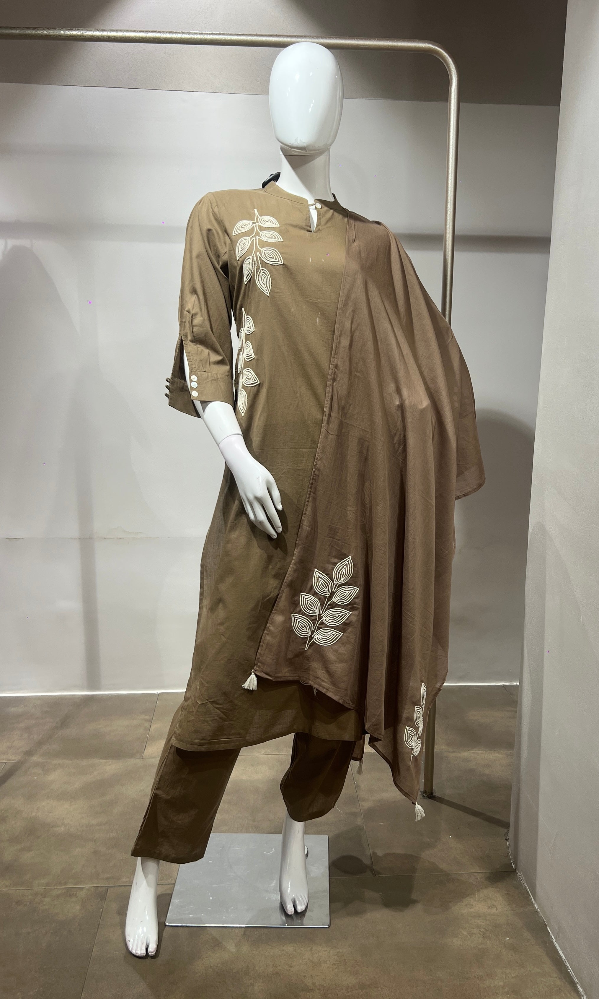 Beige Leaf Cotton Kurta Set with Tassel Dupatta