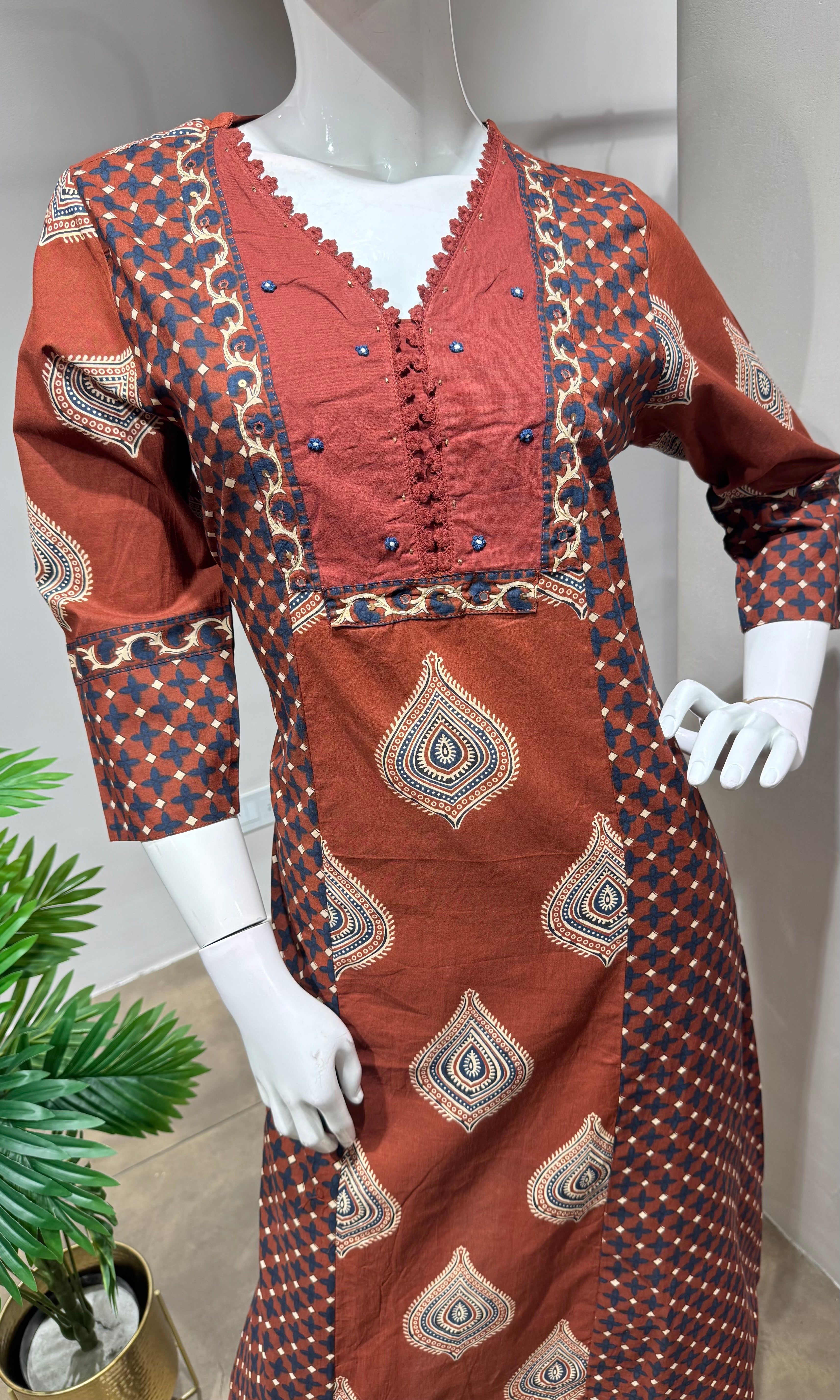 Brown block print design kurta set