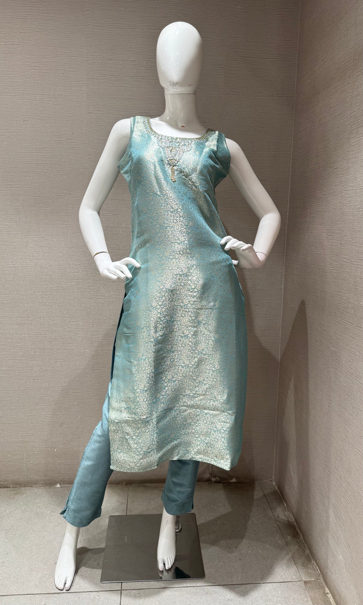 Light Blue Tissue silk Kurta Set with Striped Dupatta