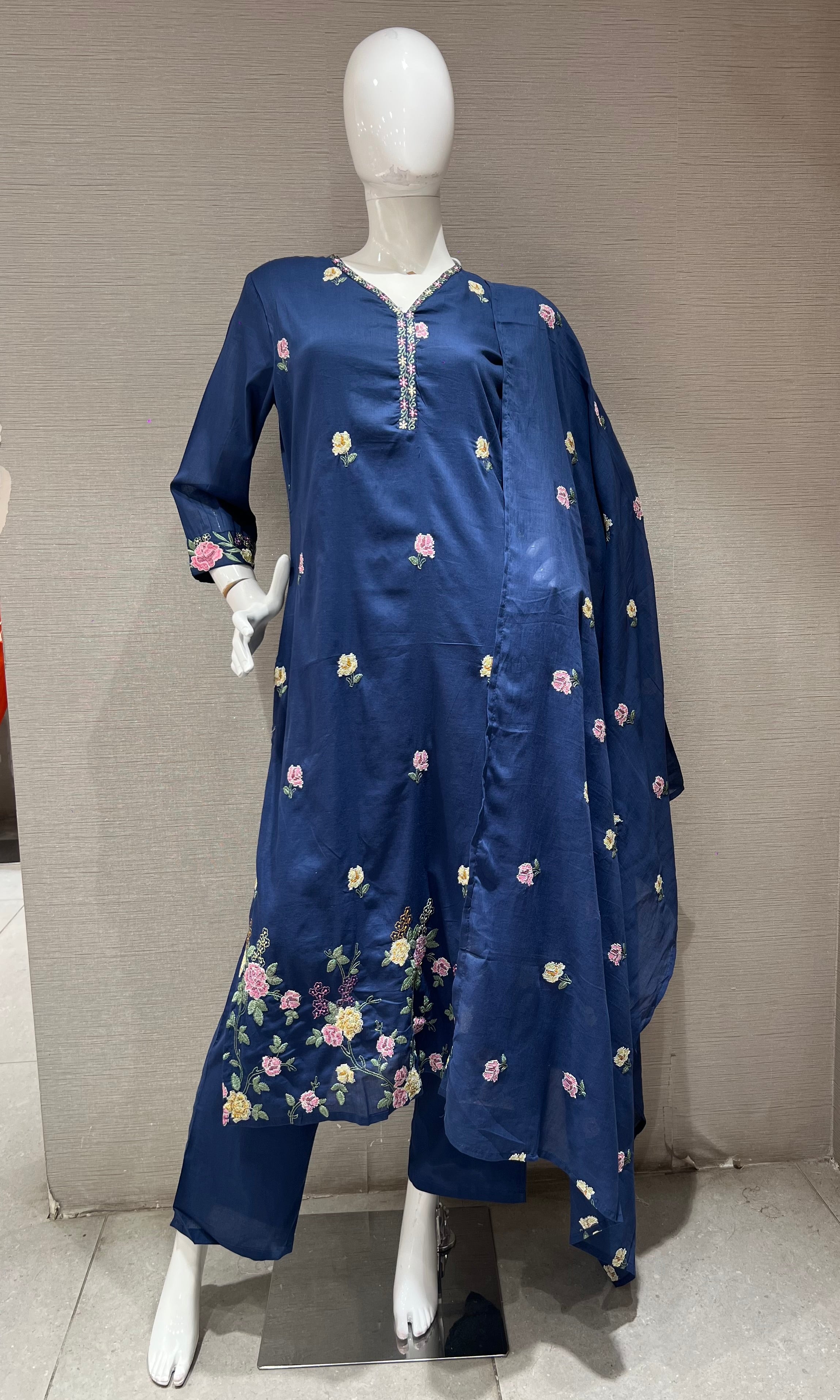 Blue Floral Chanderi Ethnic Kurta set
