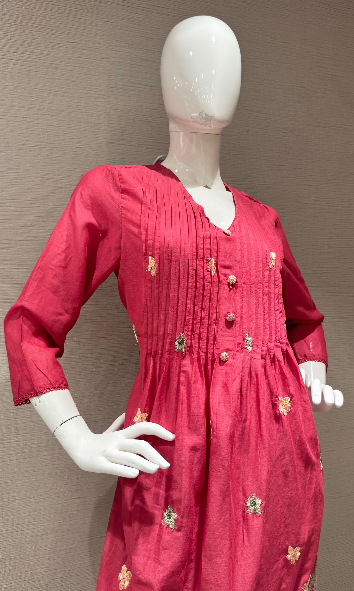 Pink Floral Silk Chanderi kurta Set